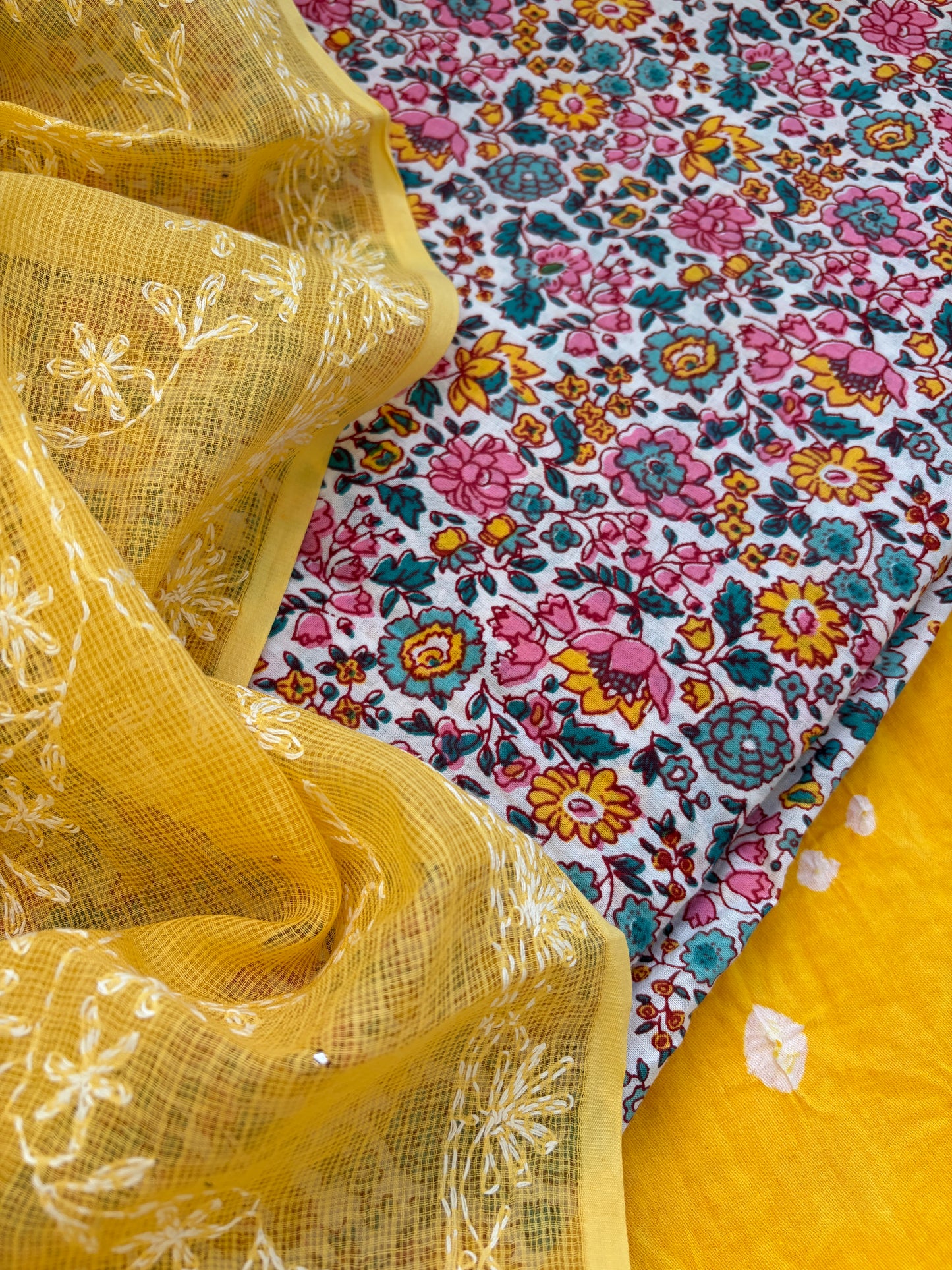 Cotton kurta bandhani bottom Kota Doria chikankari dupatta