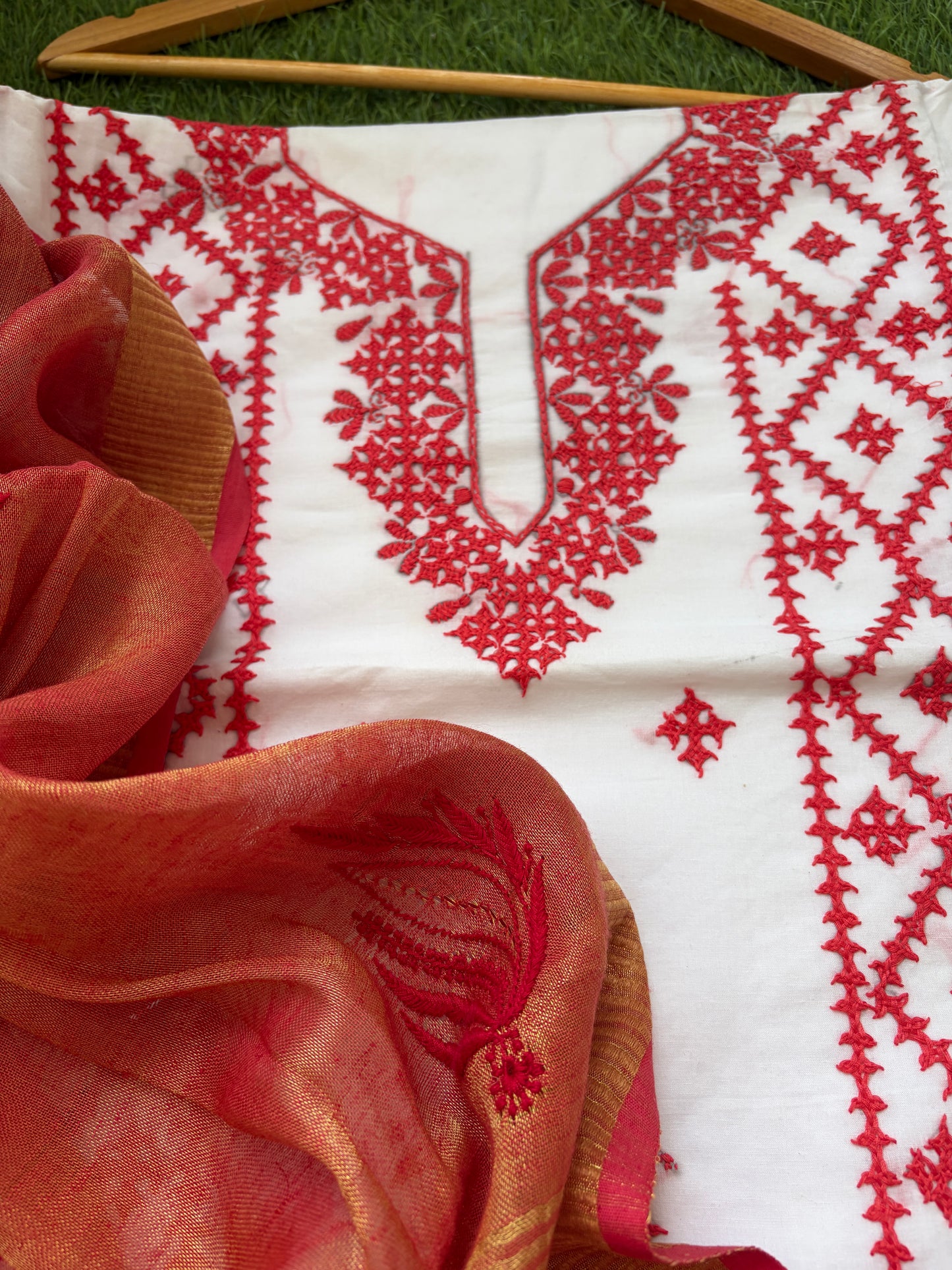 Cotton sindhi work kurta fabric with linen chikankari dupatta