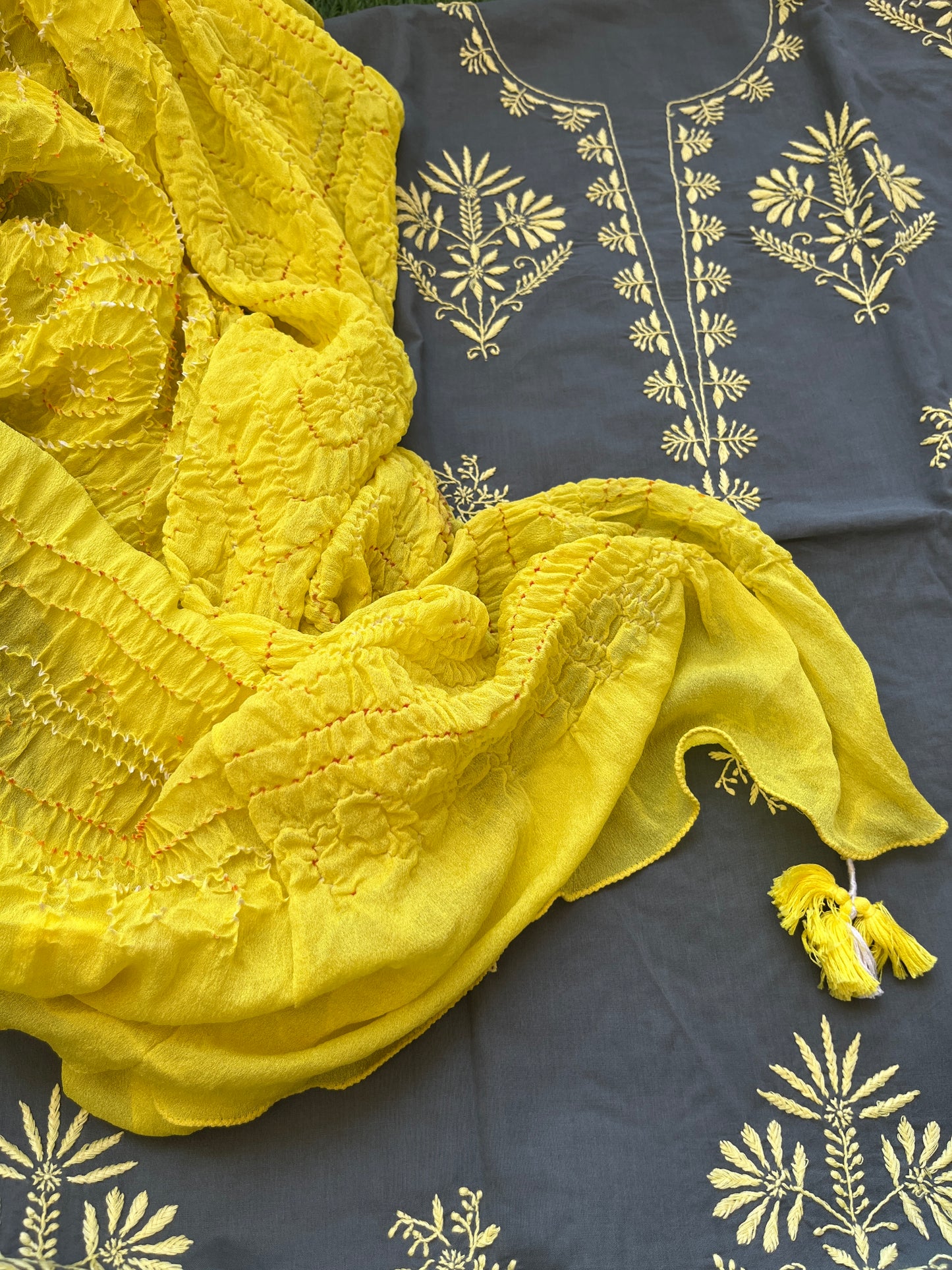 Cotton Chikankari kurta with chinon bandhani dupatta