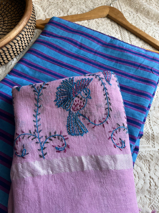 Linen sozni kaam dupatta paired with striped cotton kurta bottom fabric