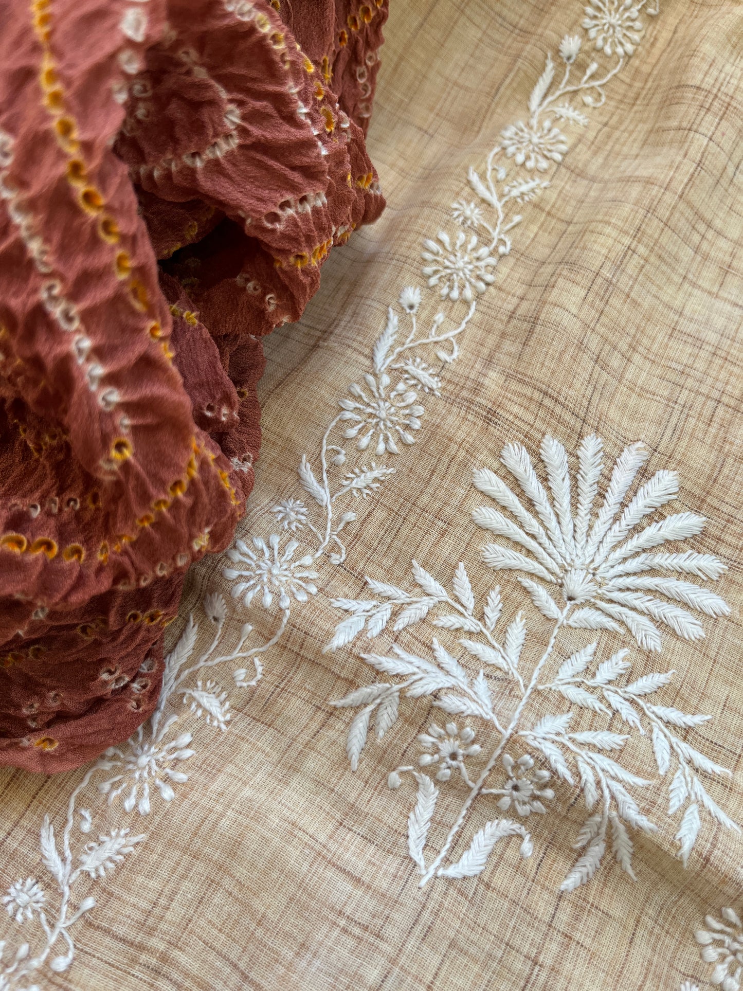 Chikankari kurta with chinon bandhani dupatta