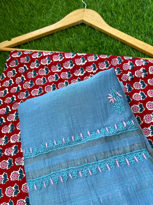 रोज़ाना  :Chanderi Chikankari Dupatta with cotton block print kurta bottom Fabric