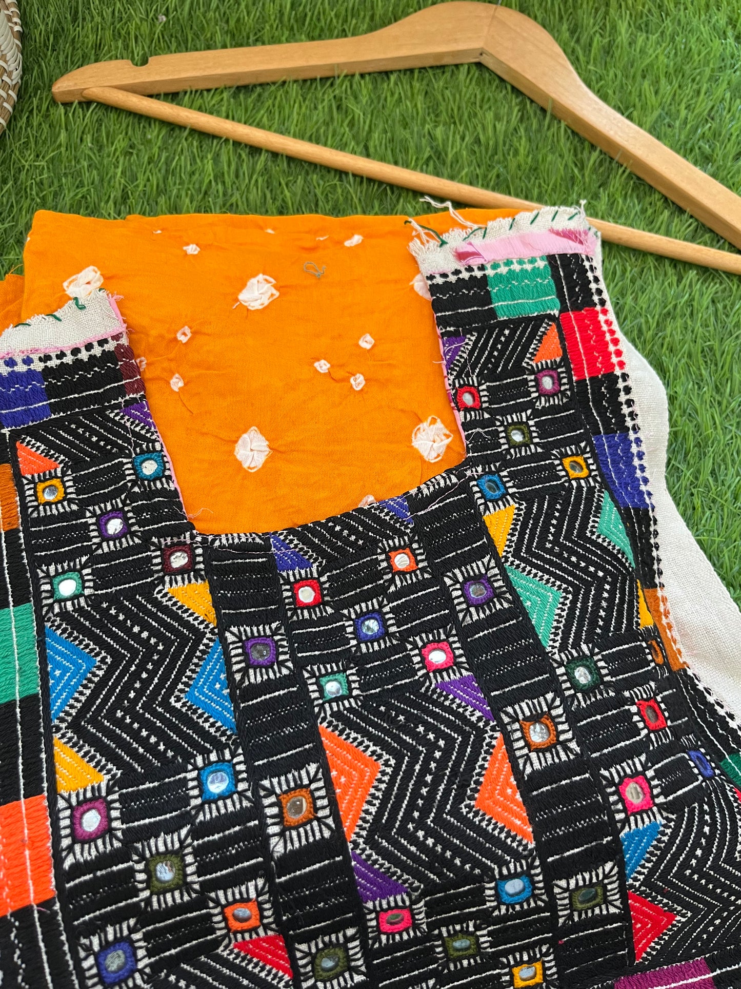 Mirror work patch with bandhani kurta fabric