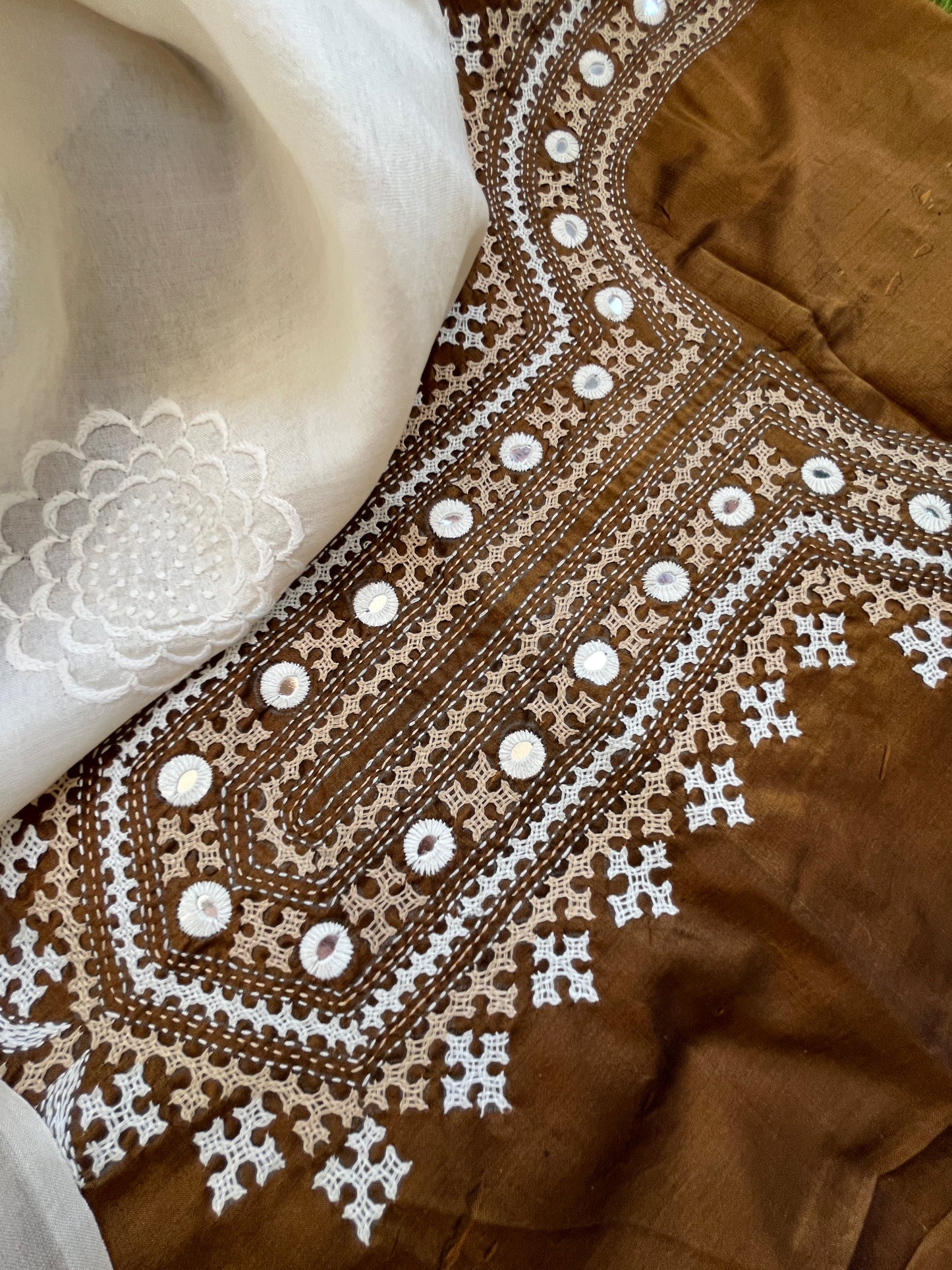 Silk sindhi work kurta fabric with silk chikankari dupatta