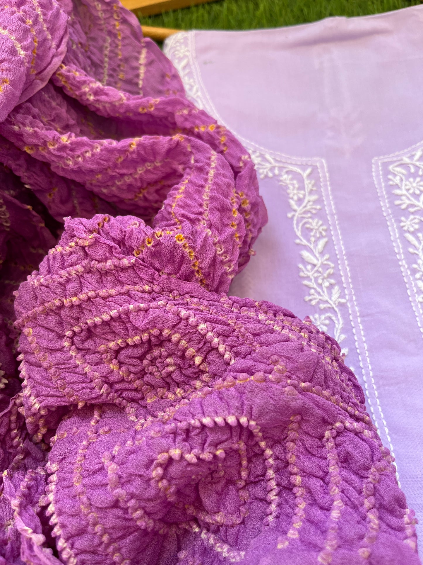 Cotton Chikankari kurta with chinon bandhani dupatta