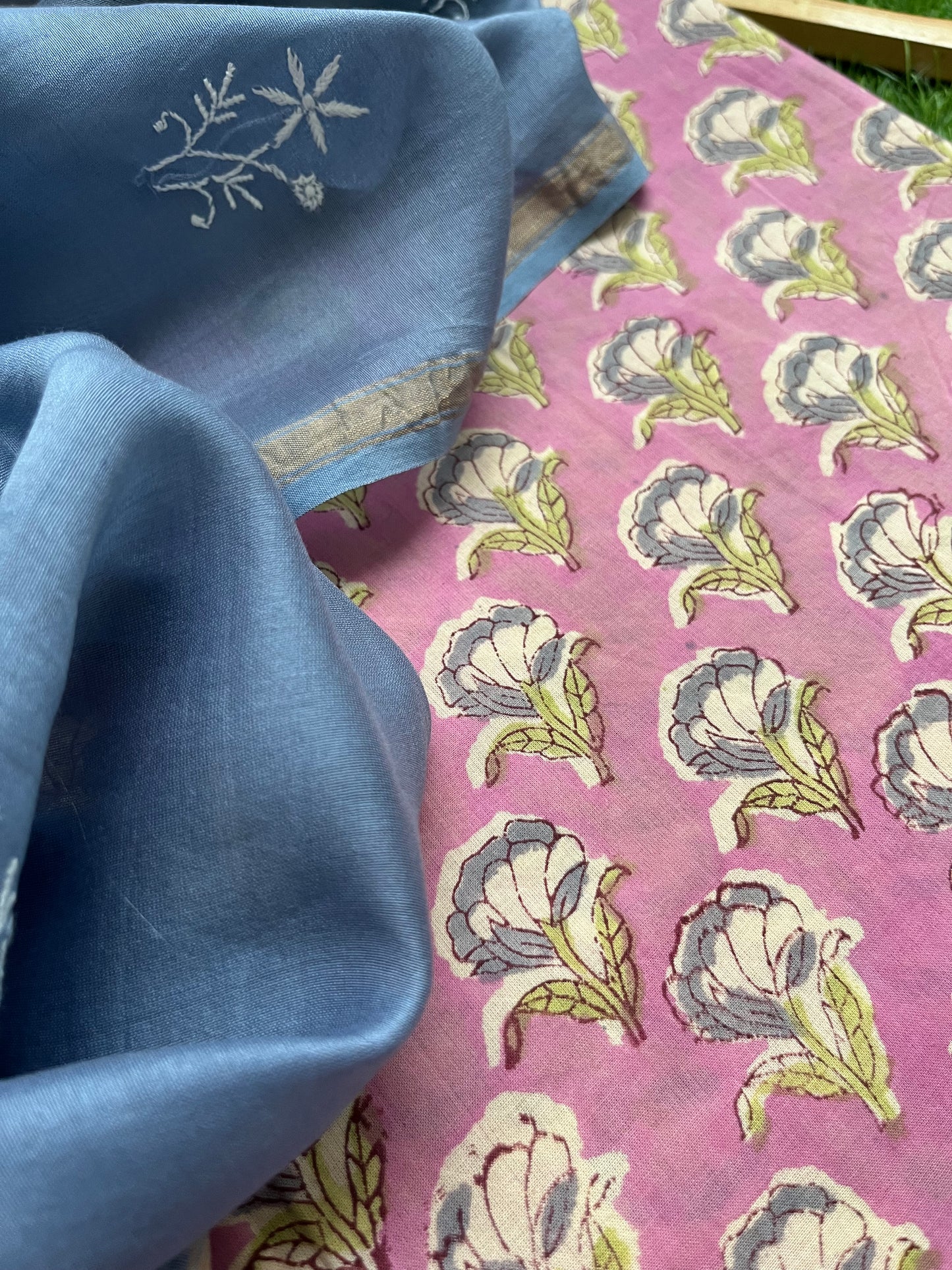 Chanderi Chikankari Dupatta with print kurta bottom Fabric