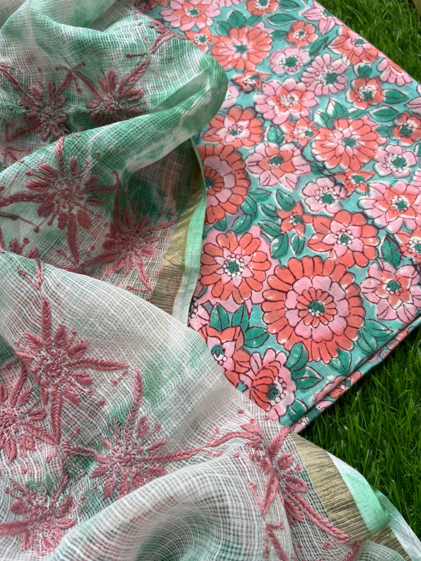 Kota Chikankari Dupatta with print kurta bottom Fabric