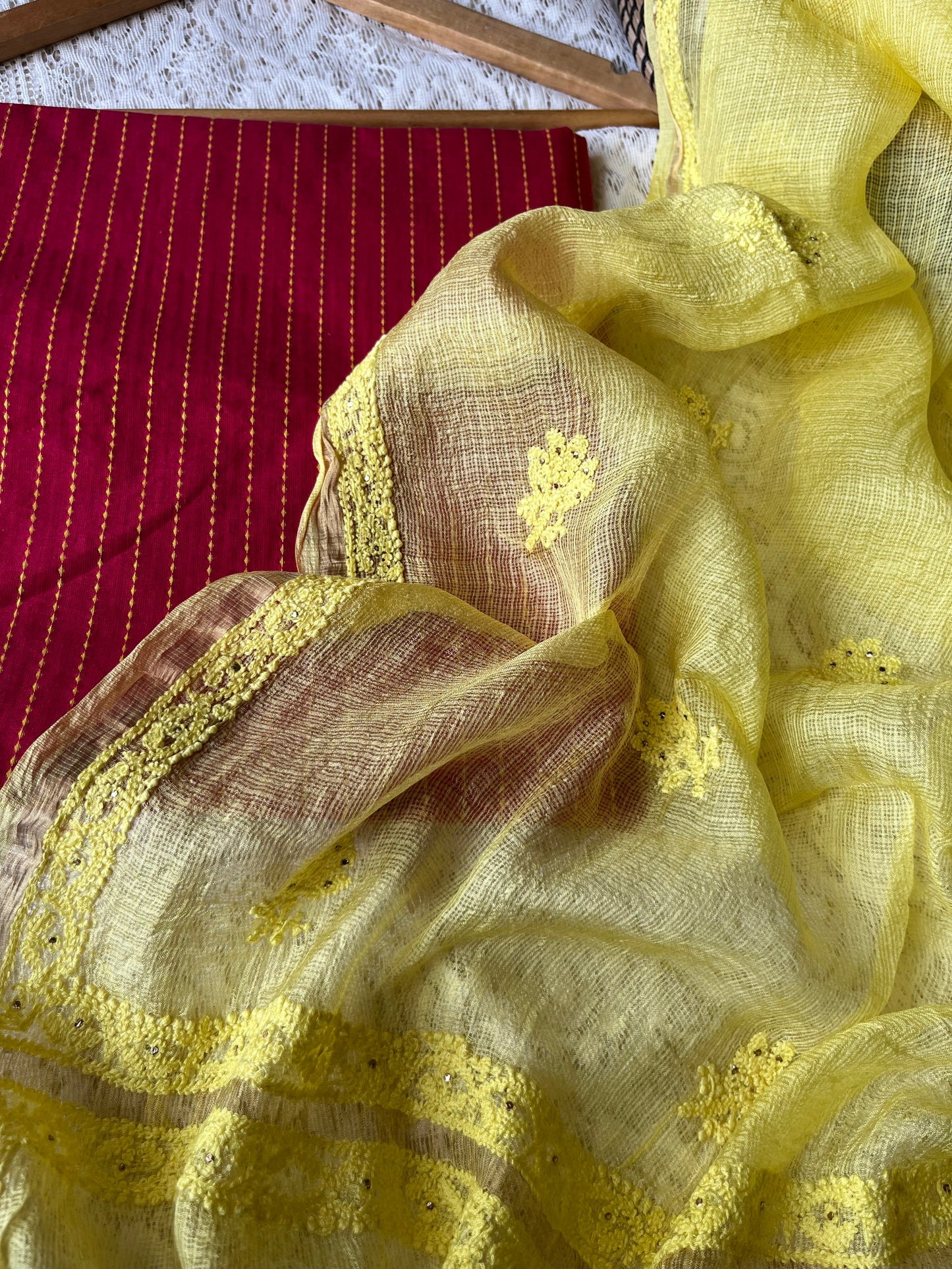 Kota silk chikankari Dupatta Mangalgiri cotton kurta fabric