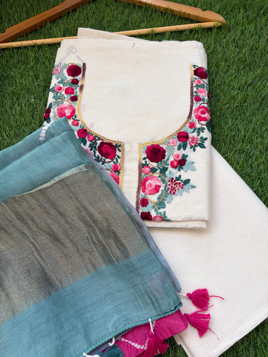Handwoven Cotton knot work embroidered kurta and plain bottom fabric bandhani Dupatta
