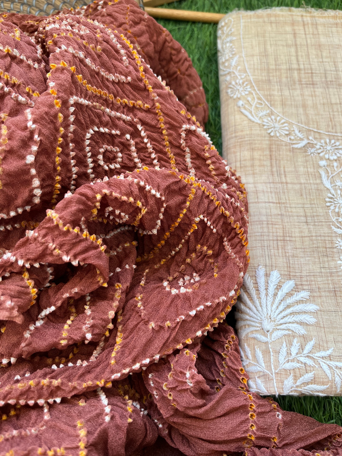 Chikankari kurta with chinon bandhani dupatta
