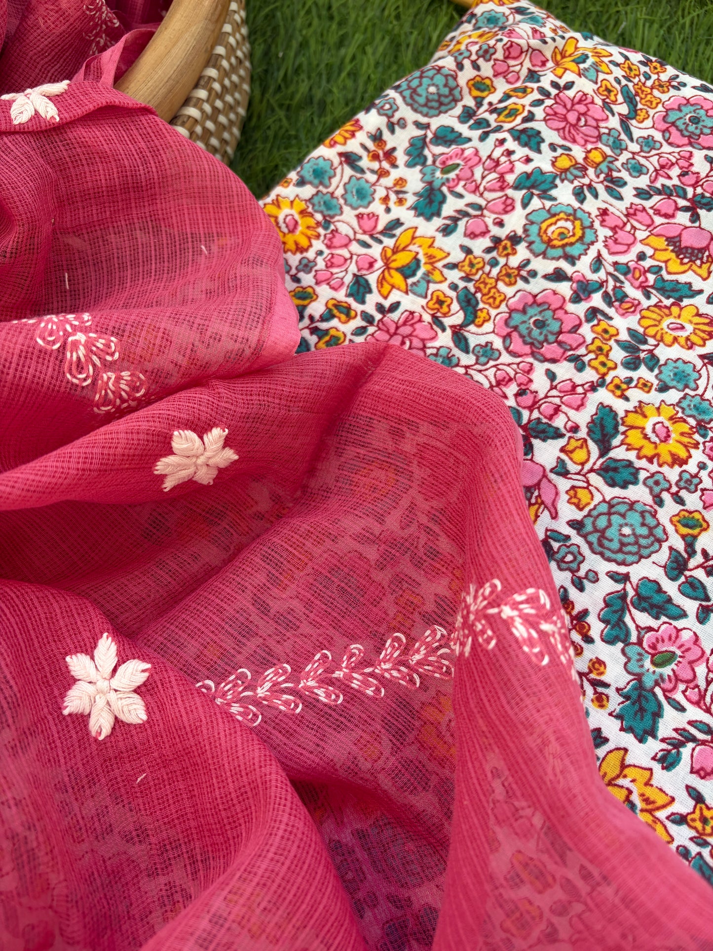 Cotton kurta bandhani bottom Kota Doria chikankari dupatta