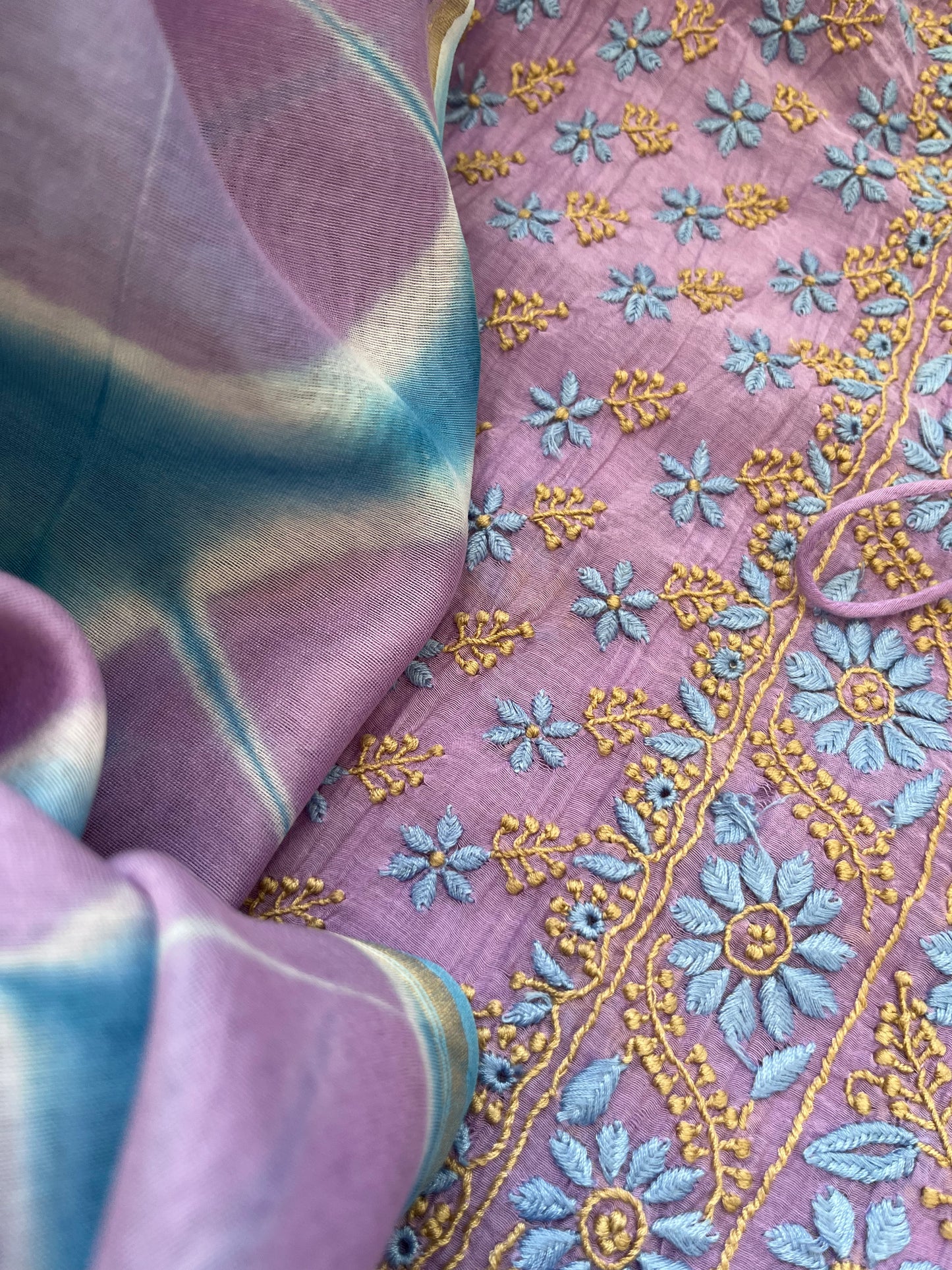 Chanderi Chikankari Kurta clamp dye Dupatta