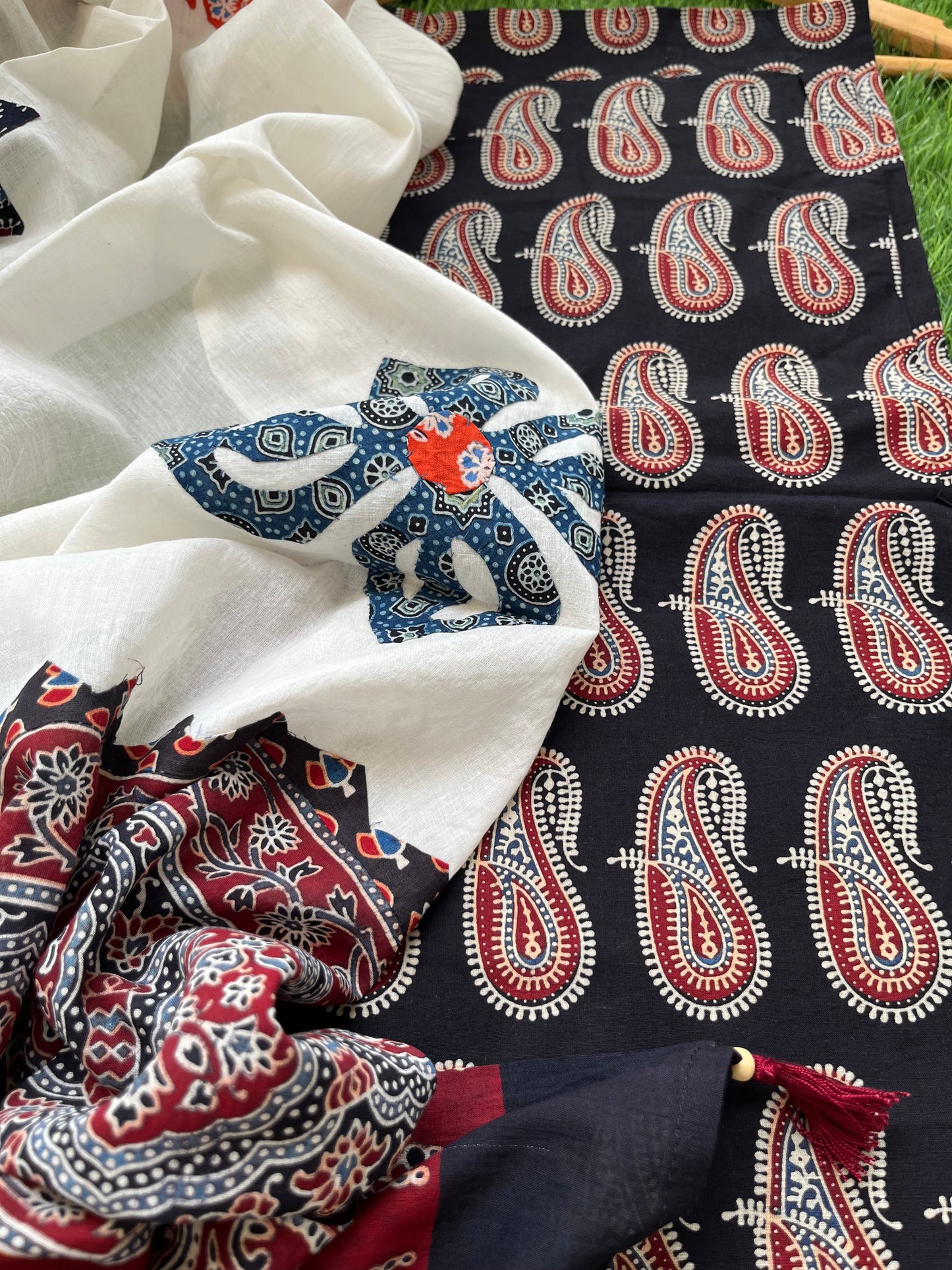 Cotton ajrakh kurta applique work dupatta set