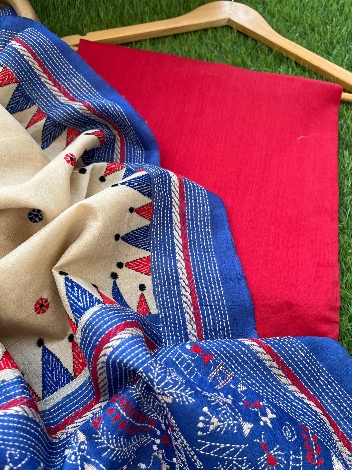 Silk Kantha Dupatta with chanderi silk kurta Bottom fabric