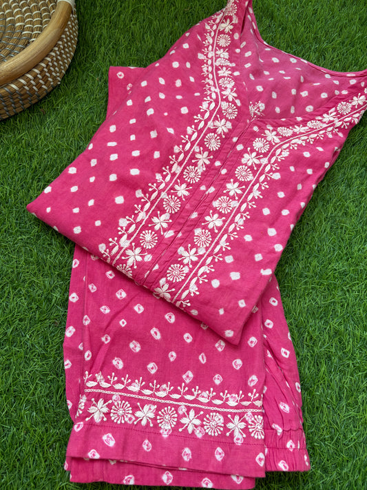 Cotton Bandhani chikan shirt and a-bottom