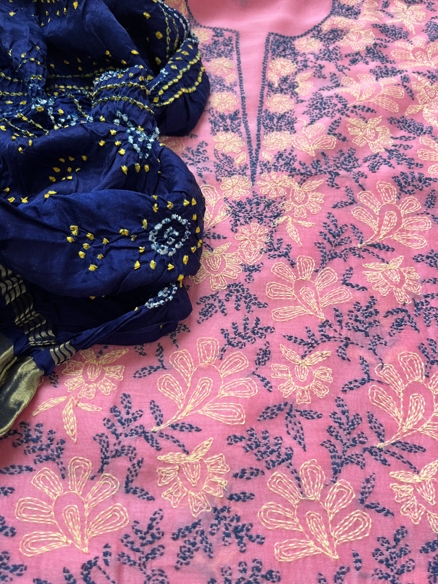 Chanderi Chikankari Kurta gajji silk bandhani Dupatta