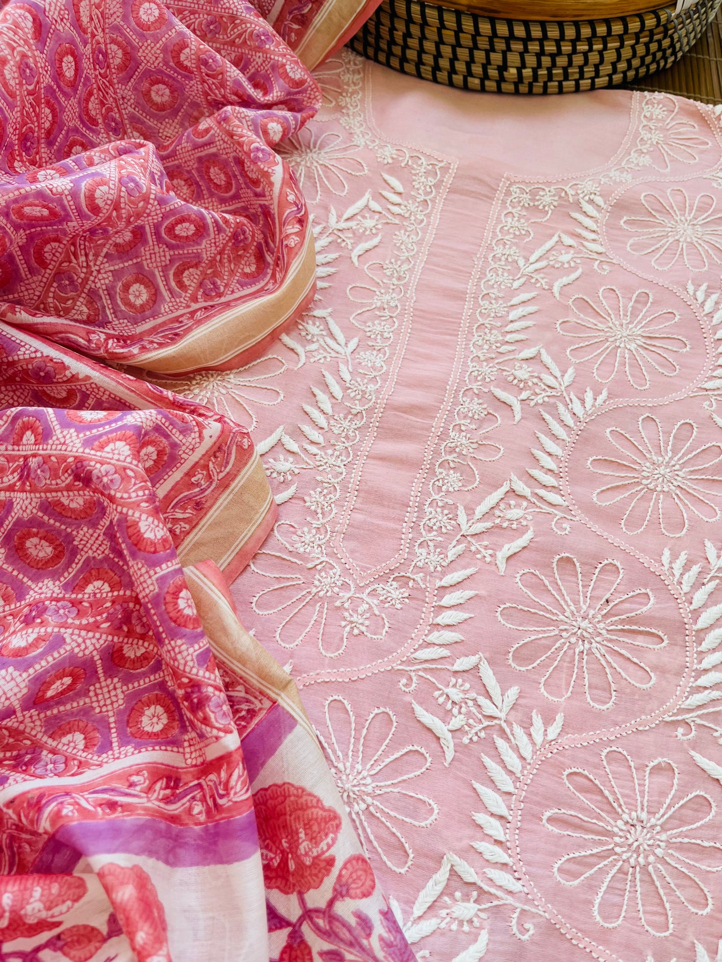 Chanderi chikan kurta shibori dupatta