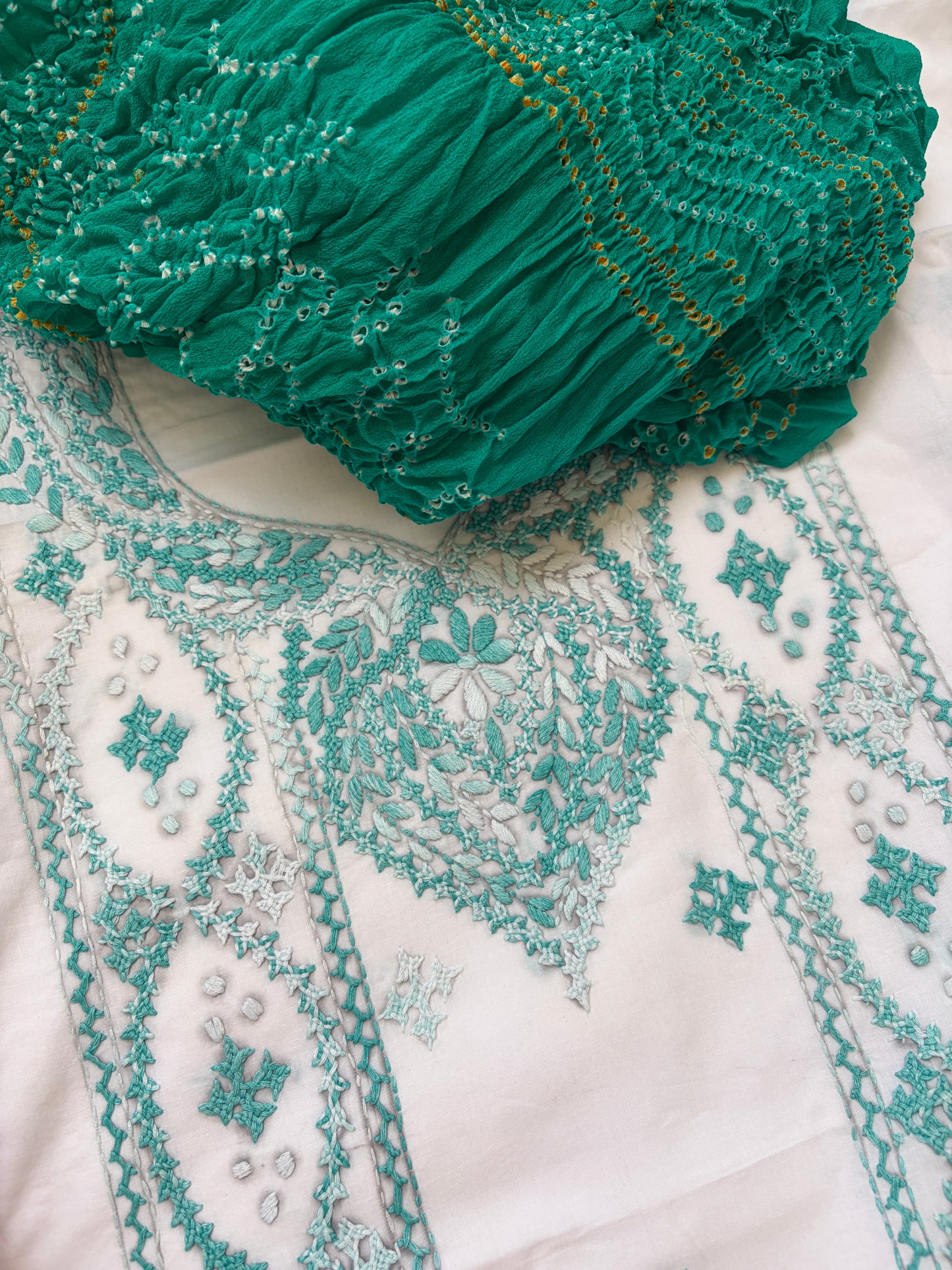 Cotton sindhi work kurta fabric with chinon dupatta