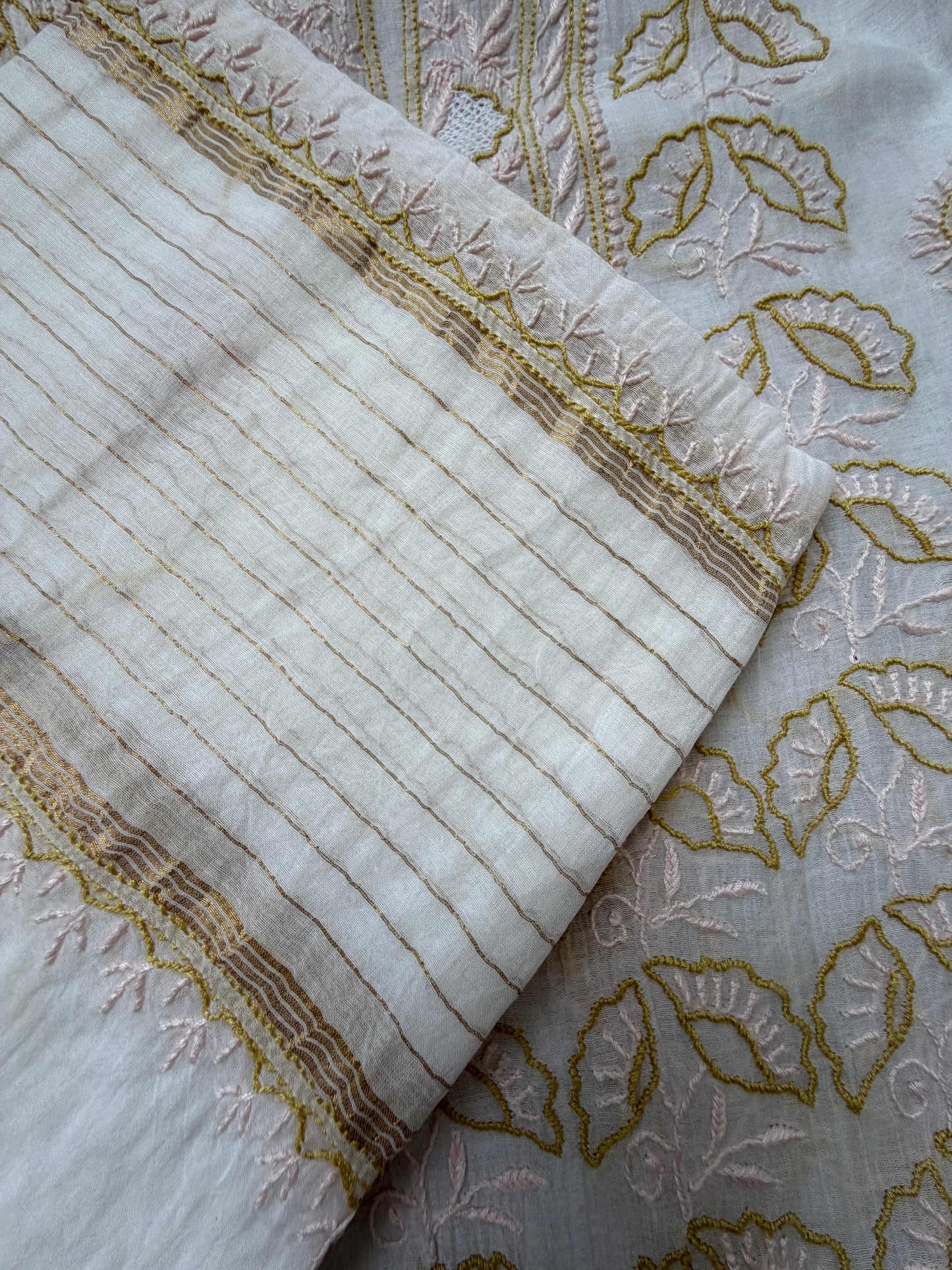Semi stitched Chanderi Chikankari Kurta Dupatta