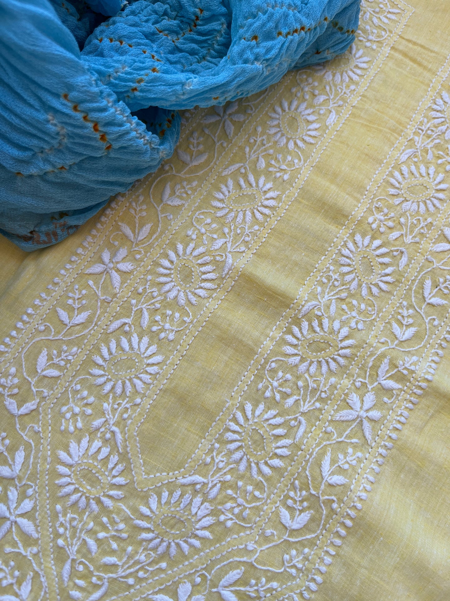 Khadi Mul Chikankari kurta with chinon bandhani dupatta