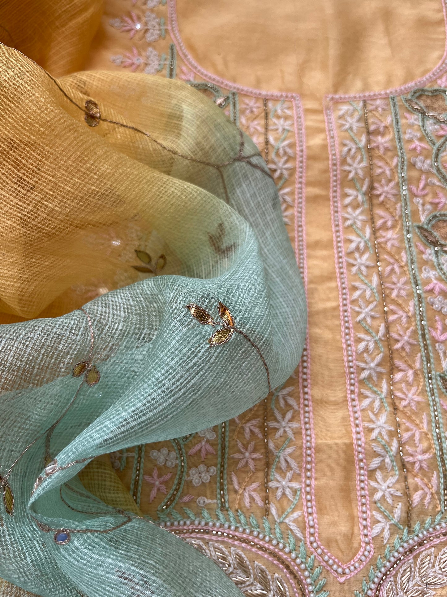 Hand embroidered chanderi kurta kota silk chikan work dupatta