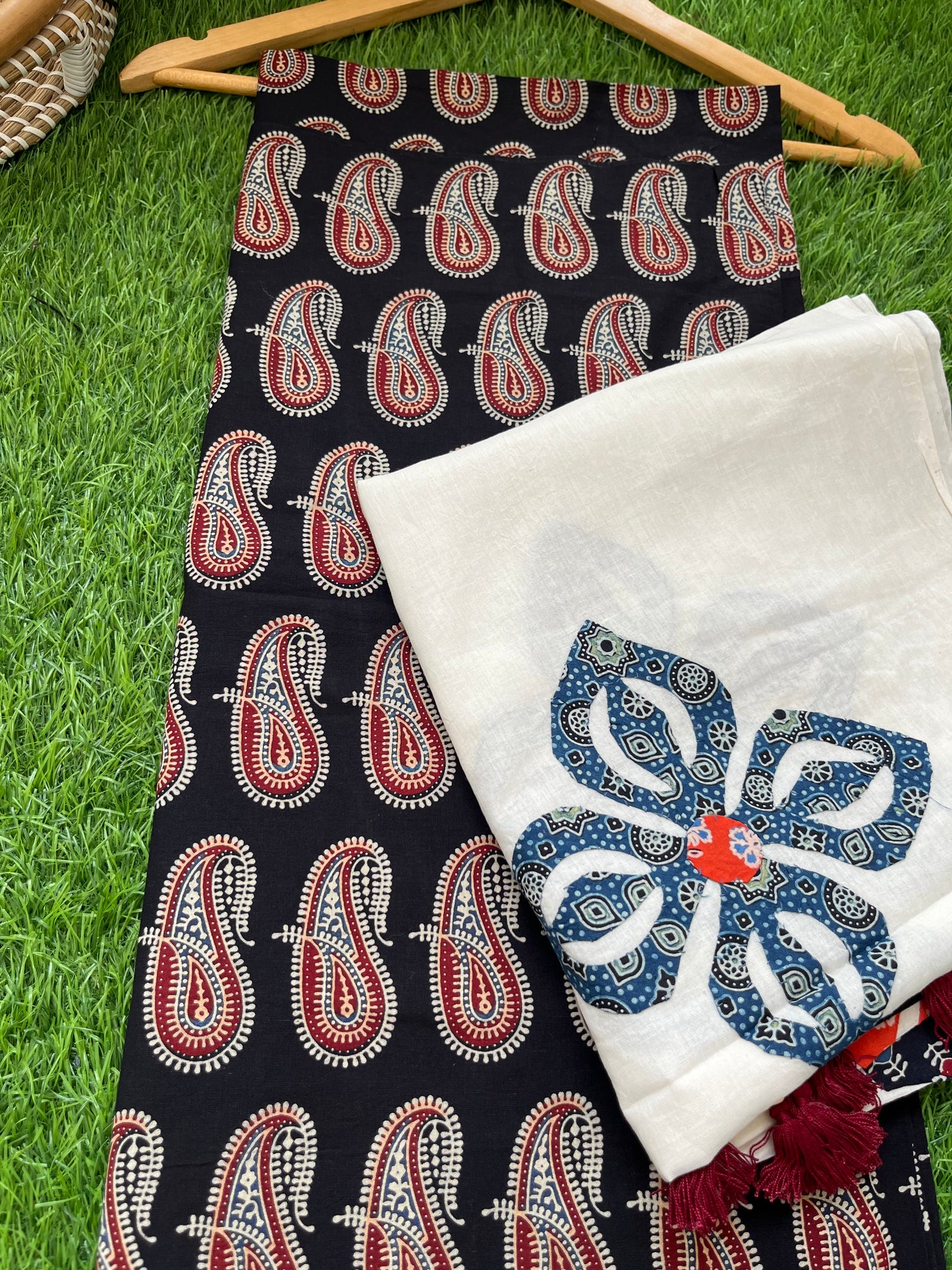 Cotton ajrakh kurta applique work dupatta set