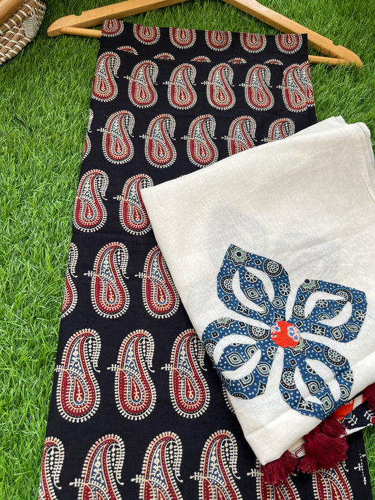 Cotton ajrakh kurta applique work dupatta set
