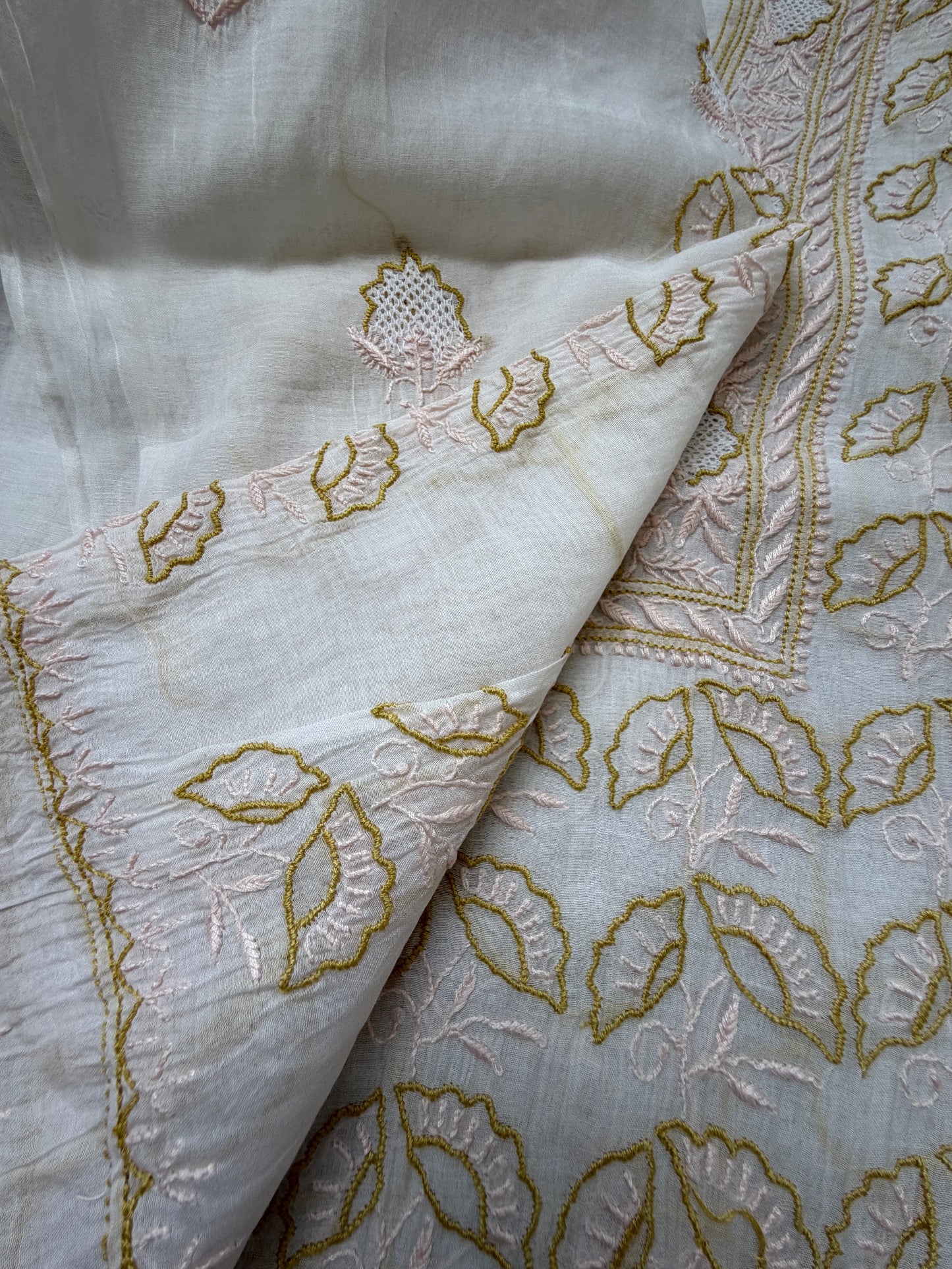 Semi stitched Chanderi Chikankari Kurta Dupatta