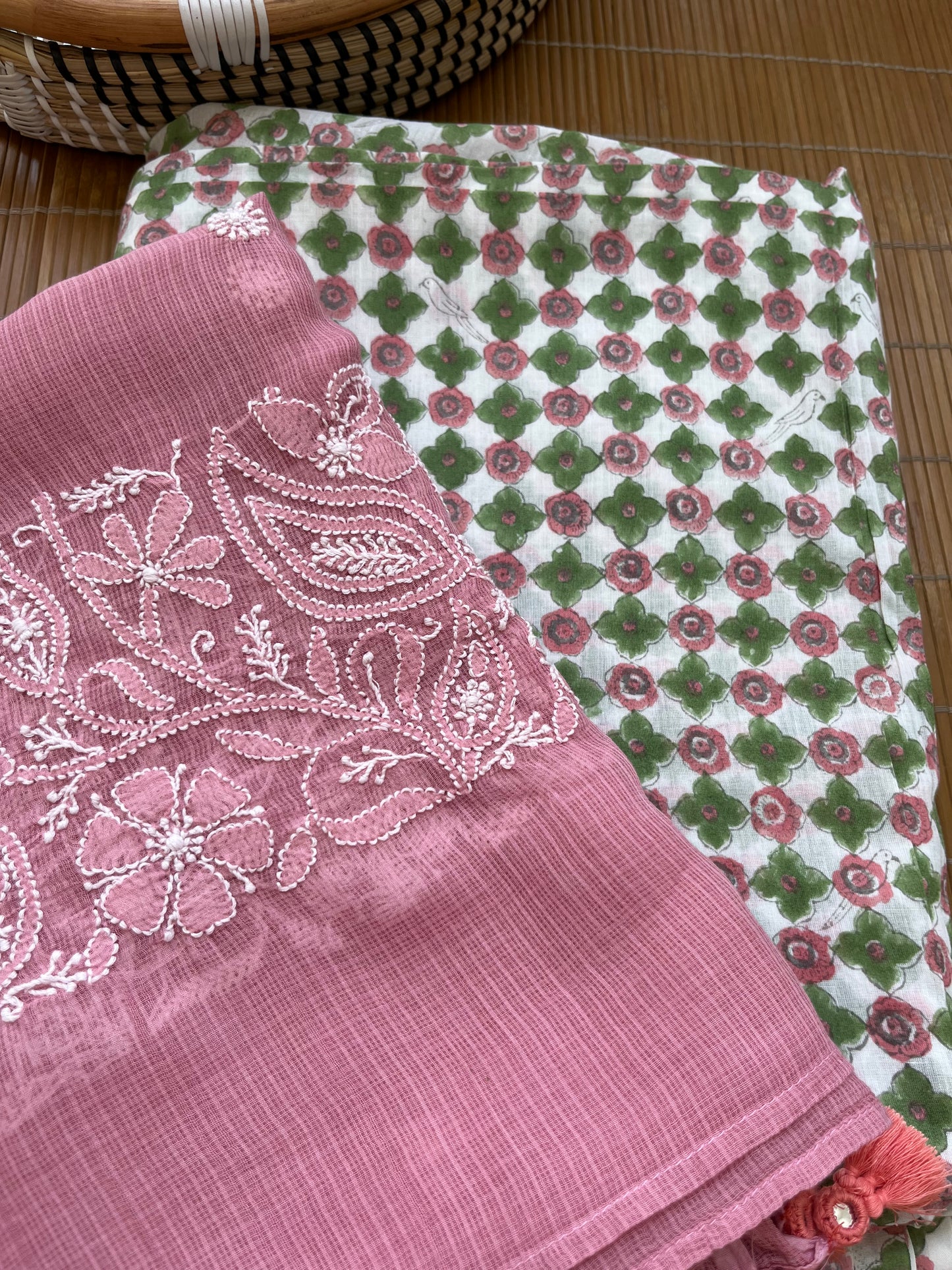 Chikankari Dupatta and print kurta Fabric