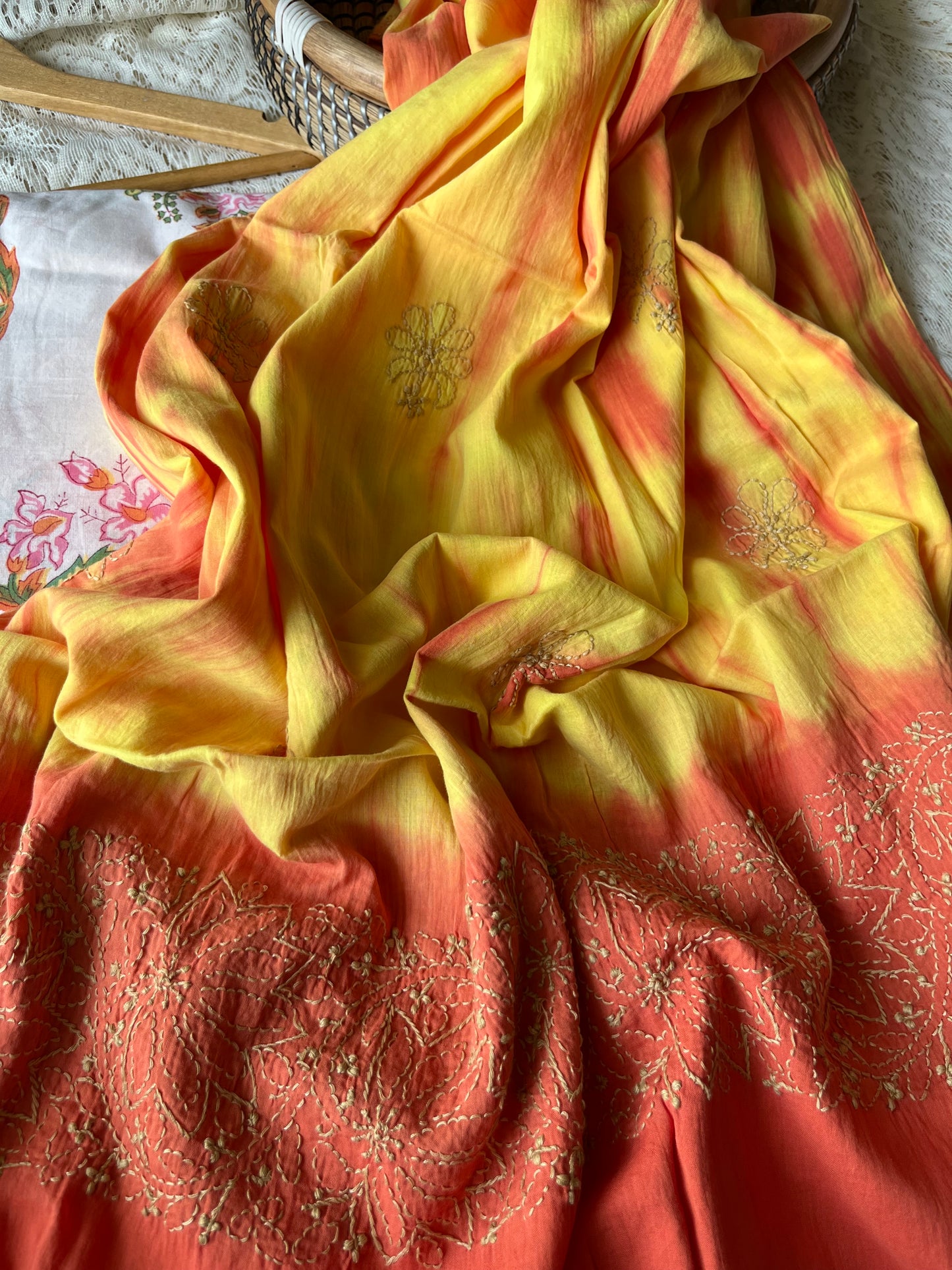 Cotton block print kurta chikankari dupatta