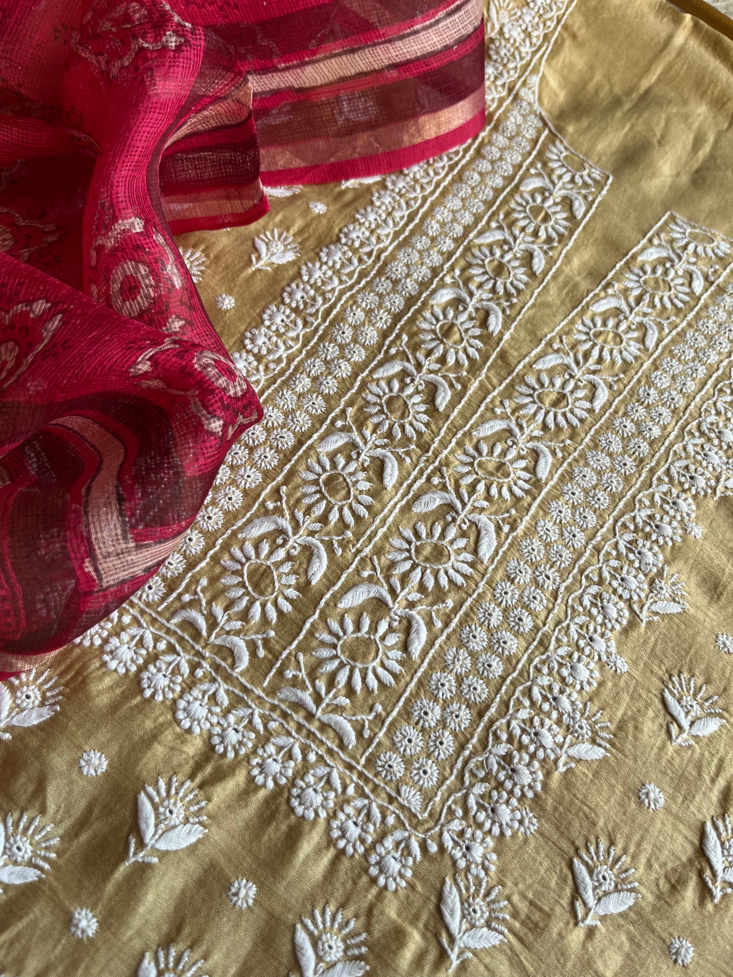 Chanderi Chikankari kurta with kota silk dupatta