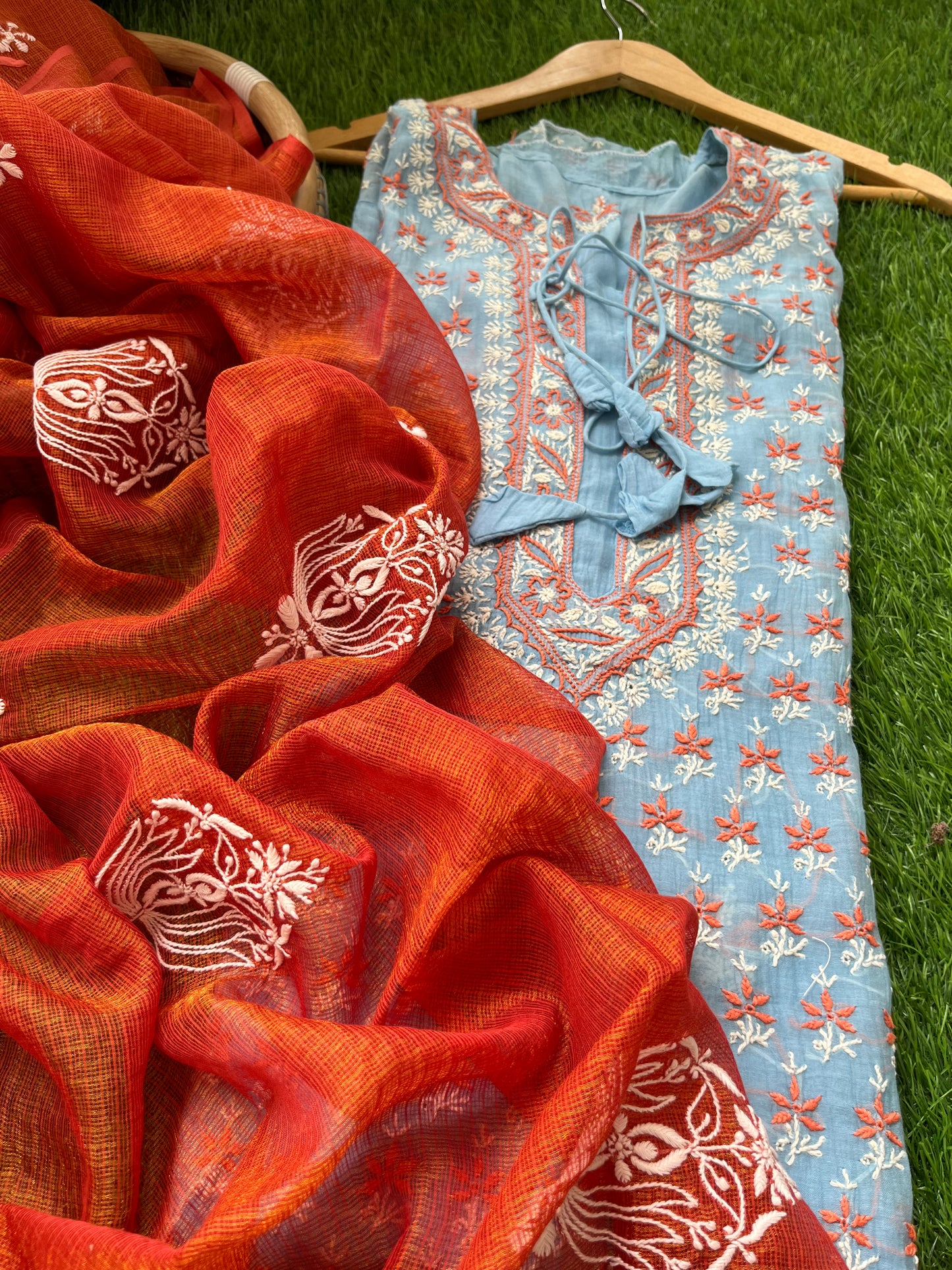 Chanderi Chikankari Kurta kota tissue Dupatta