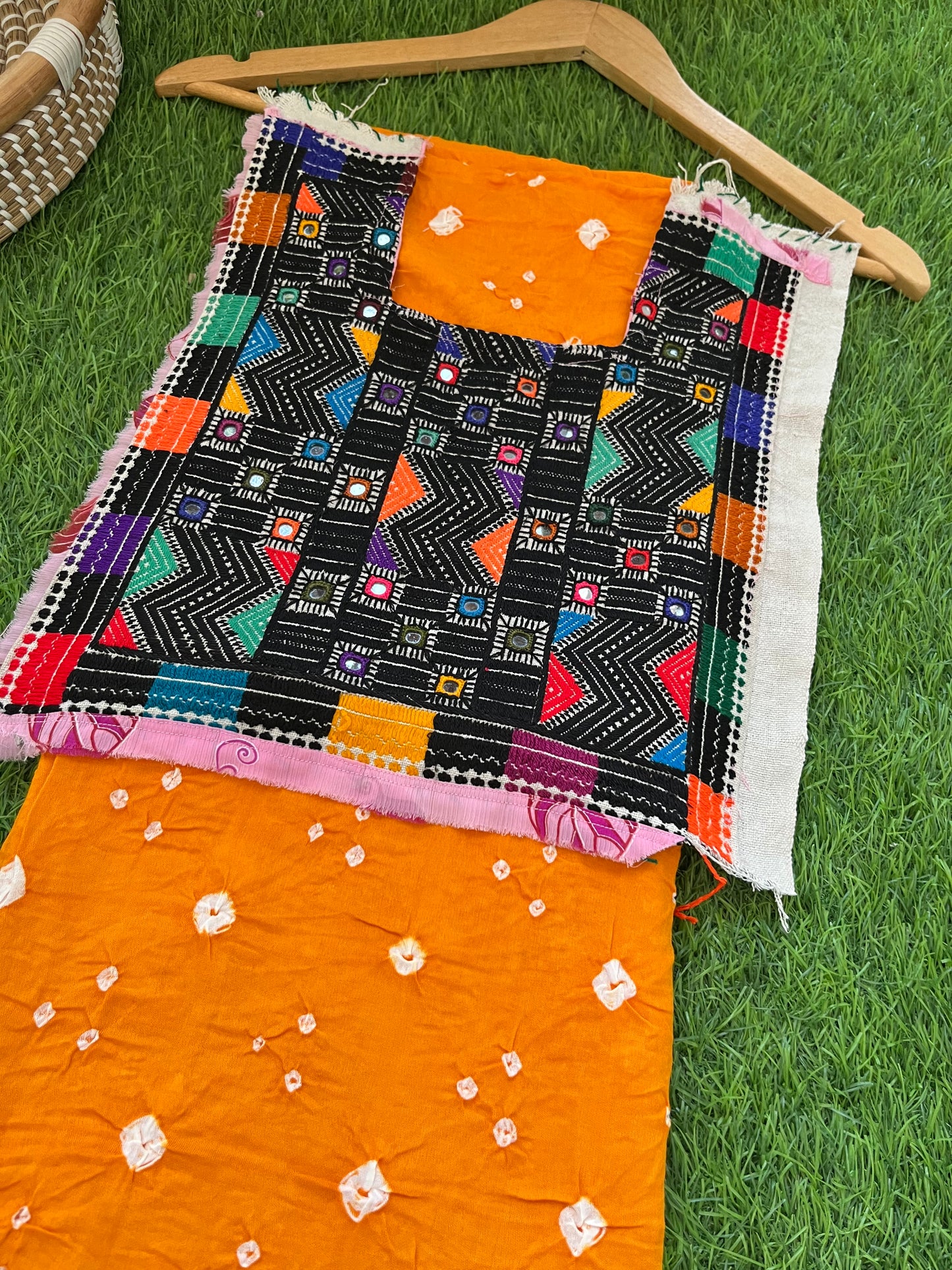 Mirror work patch with bandhani kurta fabric
