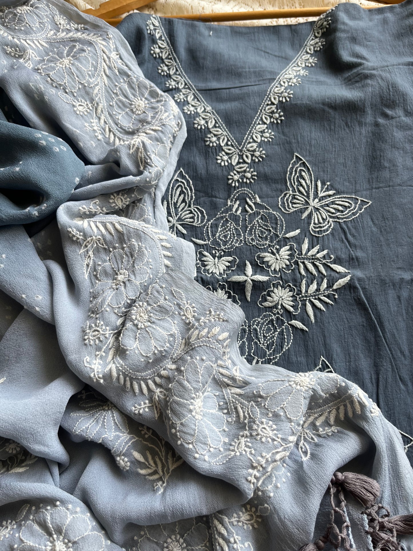 Chanderi Chikankari kurta with tussar dupatta