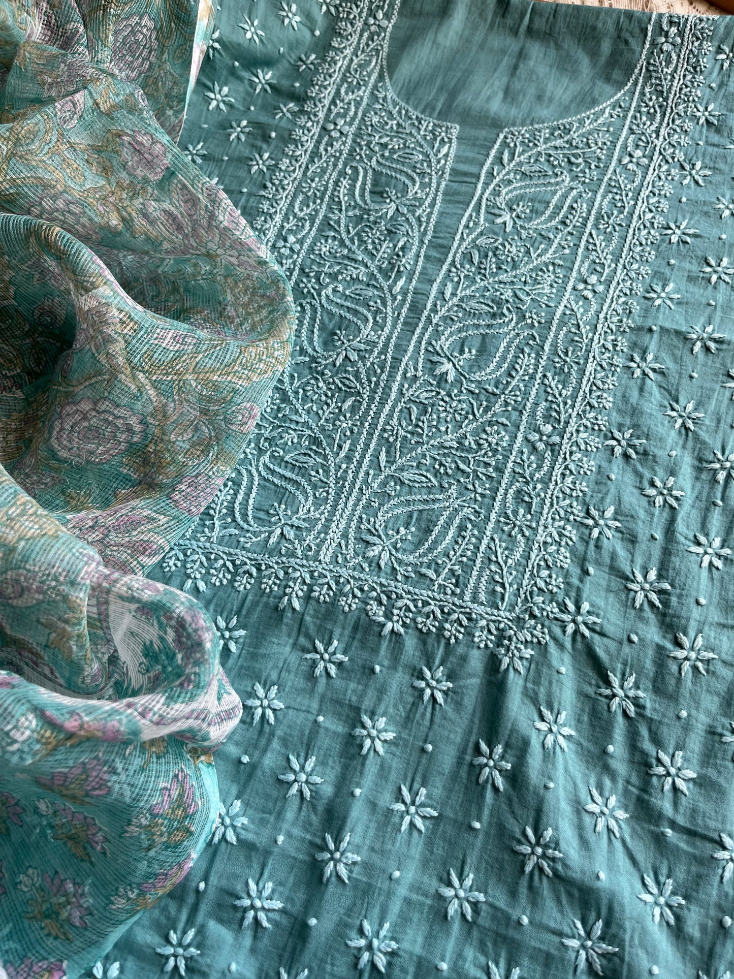 Cotton chikankari kurta kota doria dupatta
