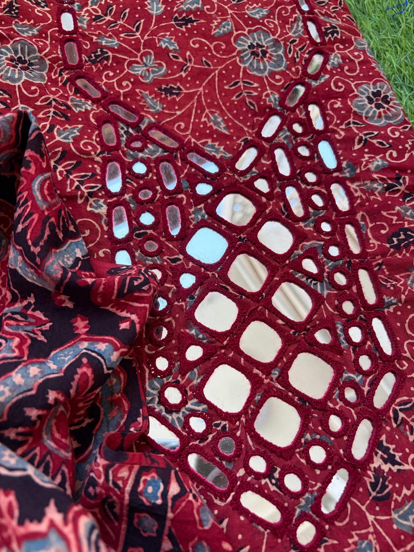 Ajrakh Cotton Mirror work kurta Dupatta