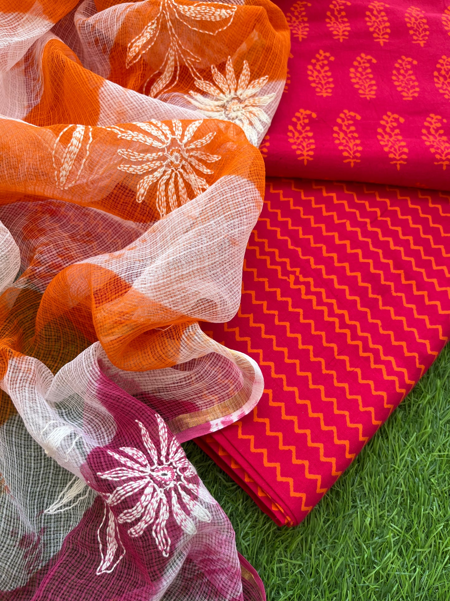 Cotton kurta bottom Kota Doria chikankari dupatta