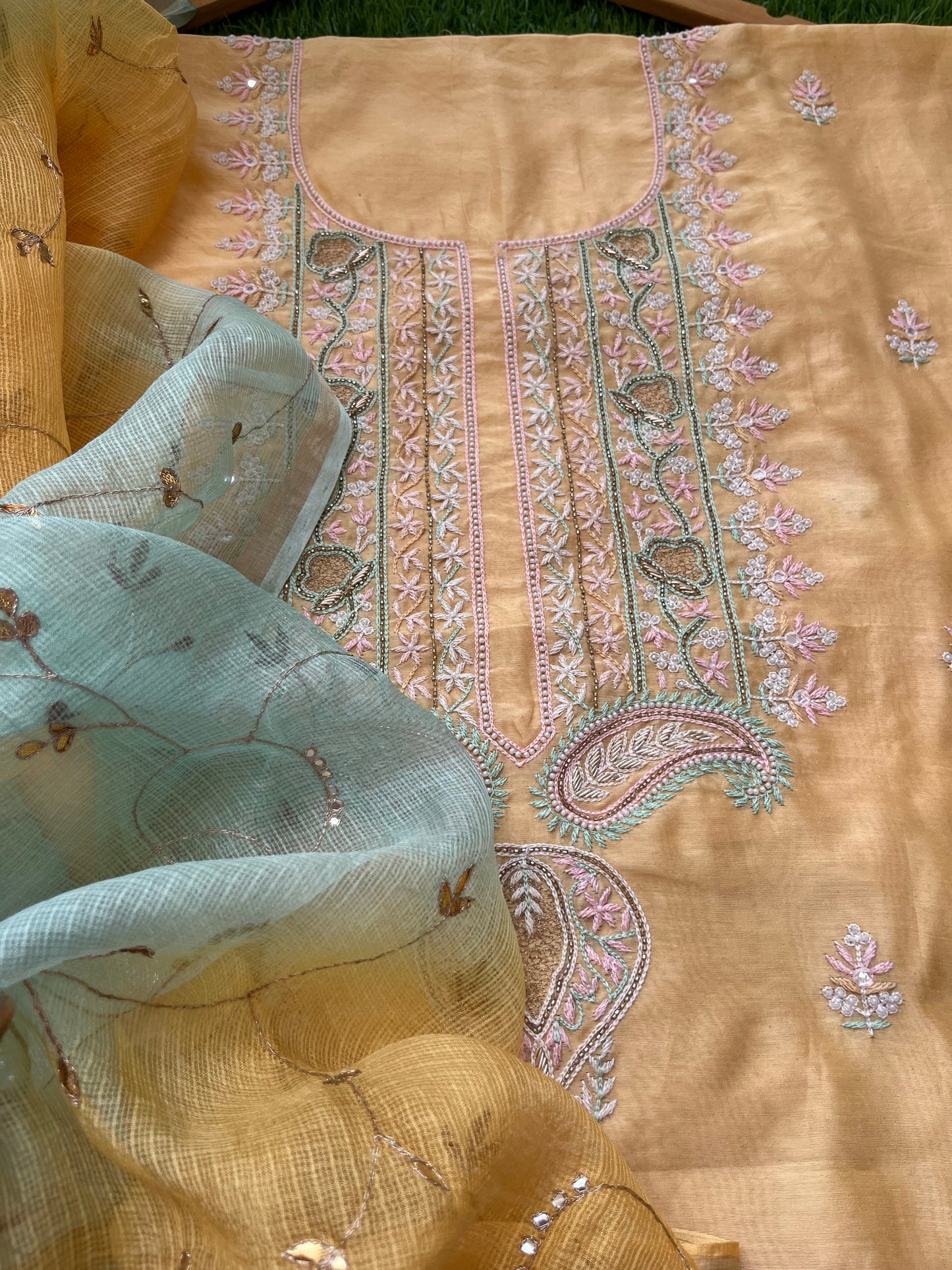 Hand embroidered chanderi kurta kota silk chikan work dupatta