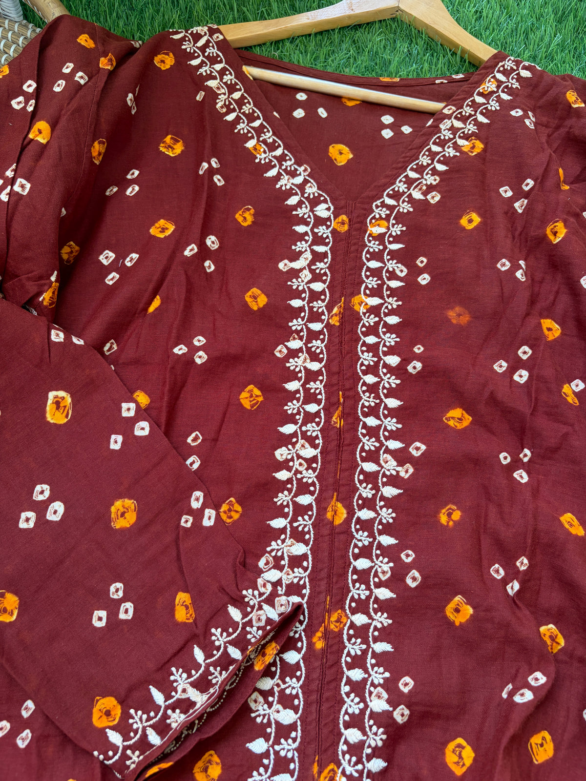 Cotton Bandhani chikan shirt and a-bottom