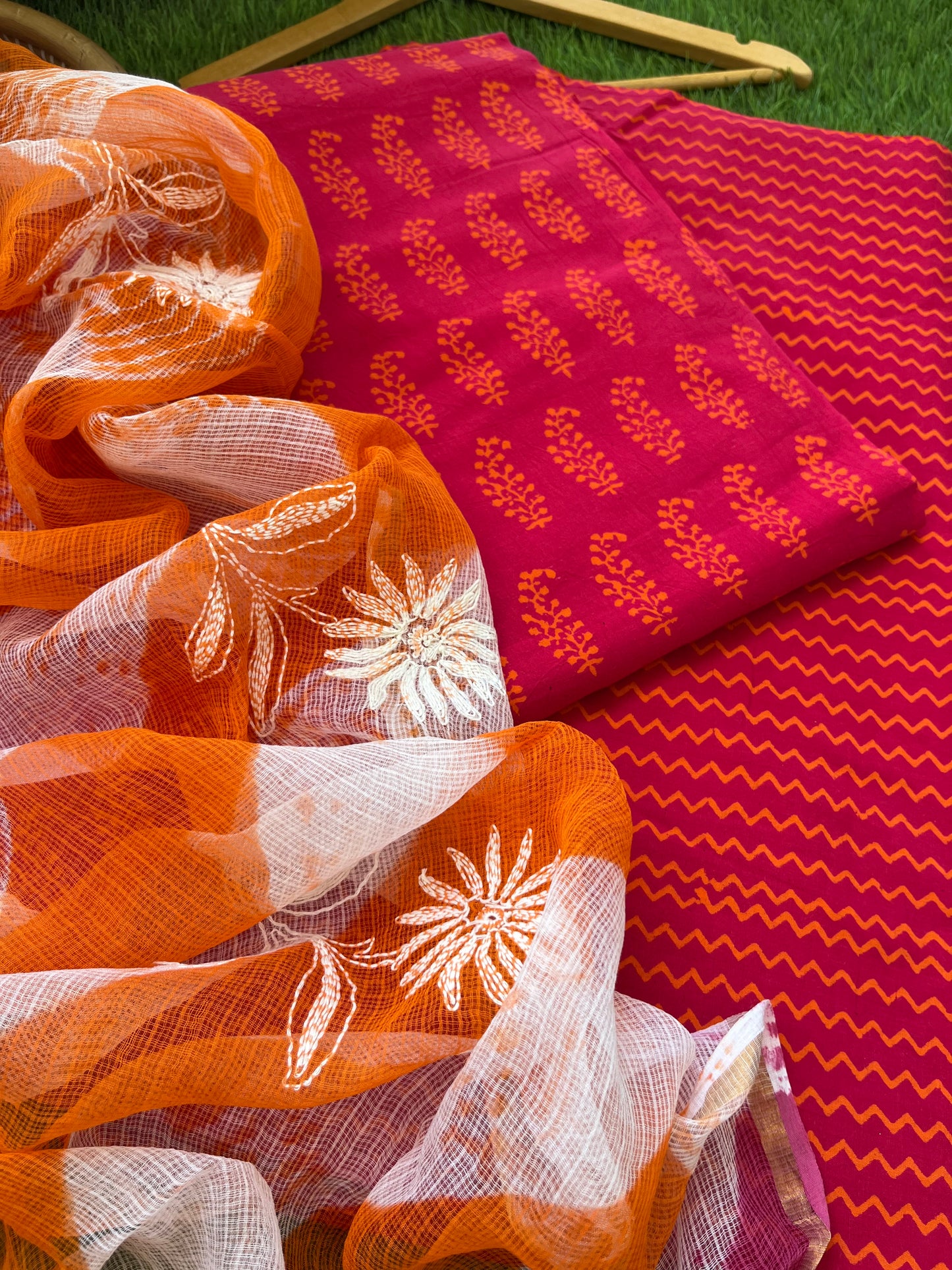 Cotton kurta bottom Kota Doria chikankari dupatta