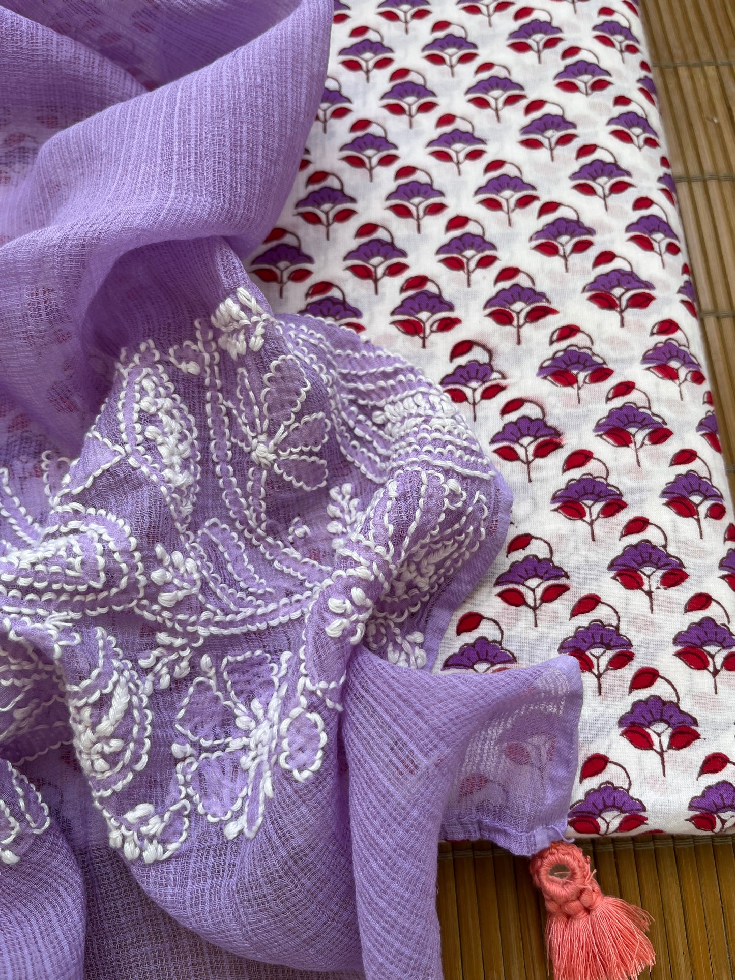 Chikankari Dupatta and print kurta Fabric