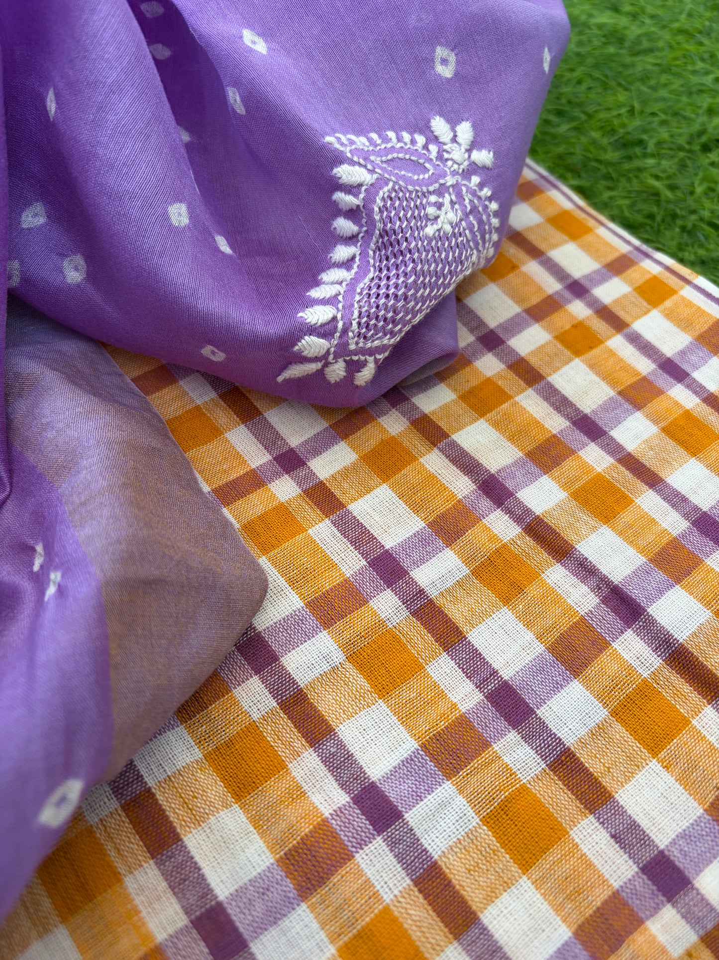 Khadi check kurta bottom pure chanderi bandhani chikankari dupatta