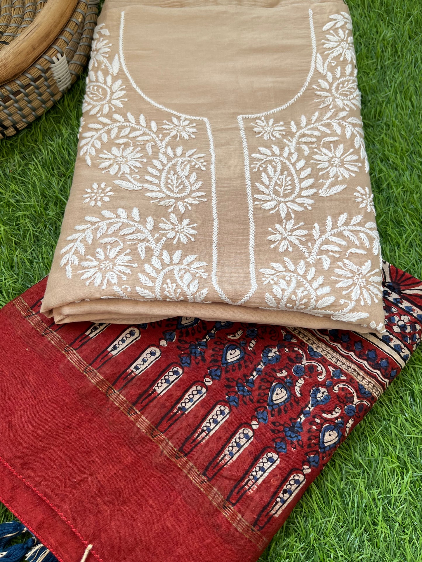 Chanderi Chikankari Kurta ajrakh Dupatta