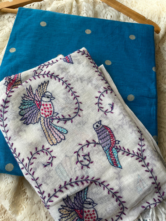 Linen sozni kaam dupatta paired with mangalgiri cotton kurta bottom fabric