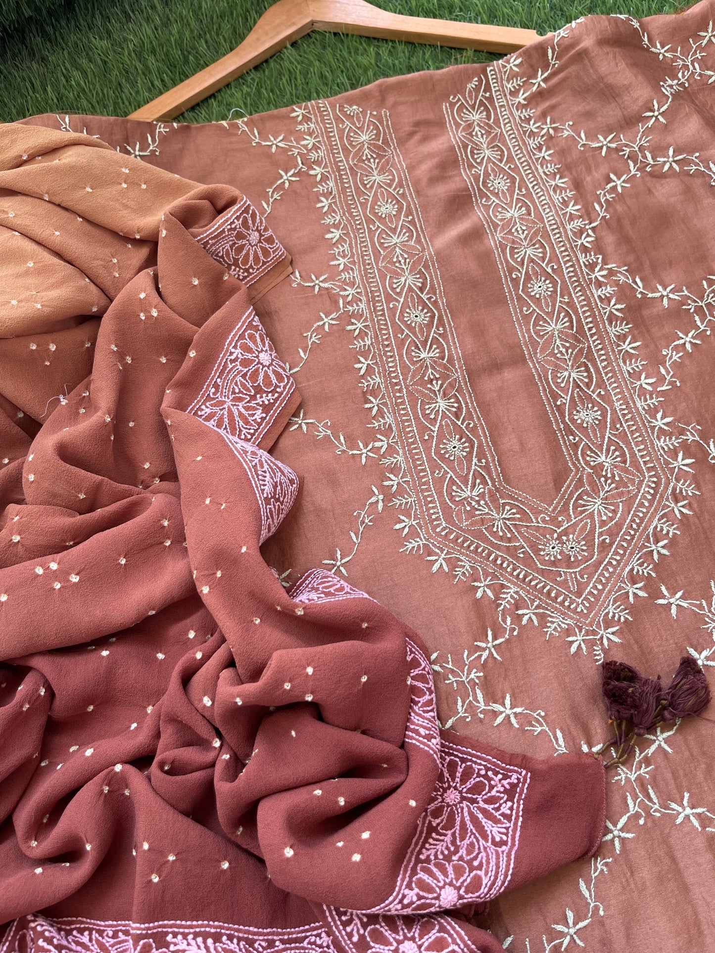 Chanderi Chikankari kurta with georgette dupatta