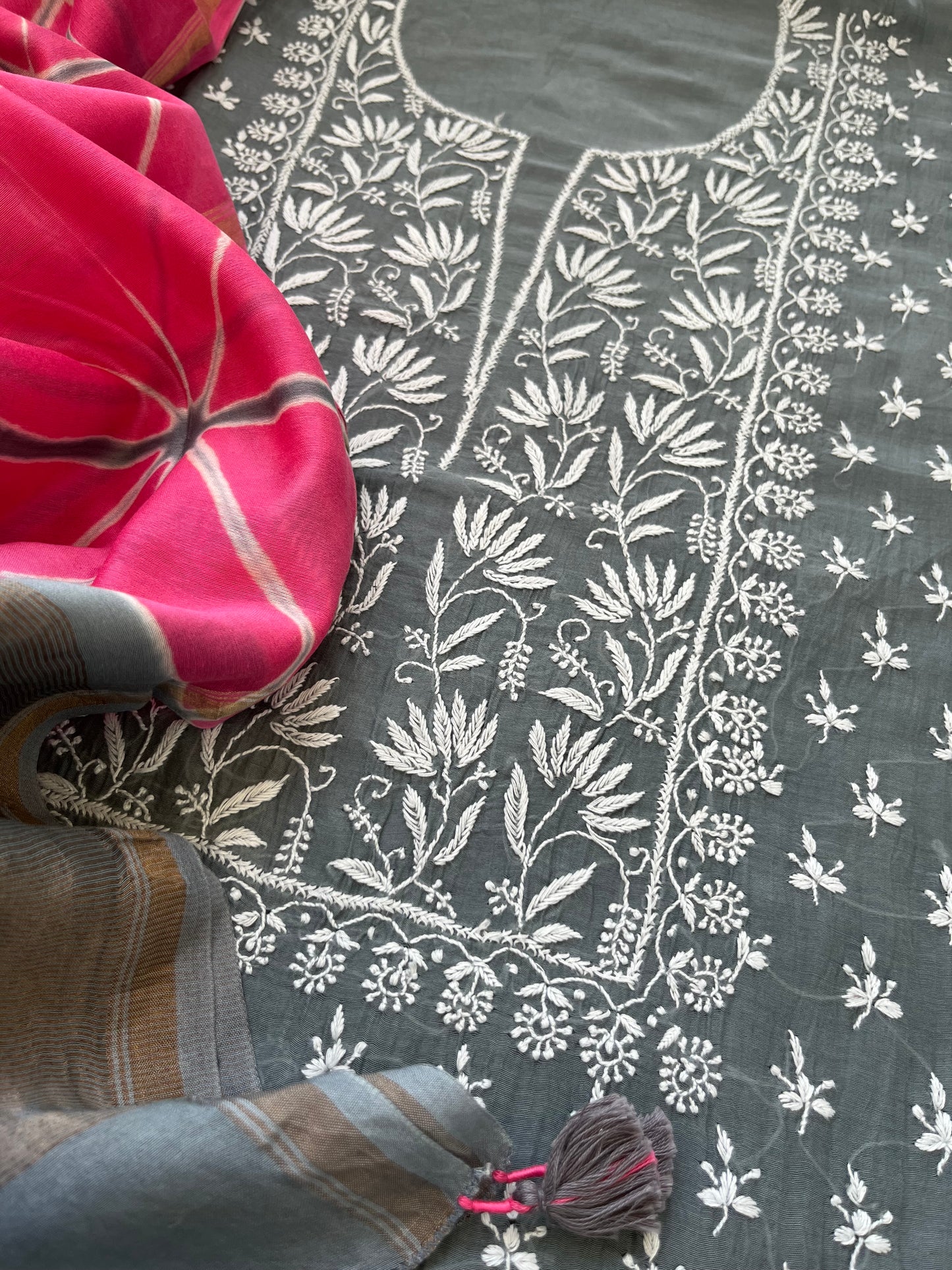 Chanderi Chikankari Kurta clamp dye Dupatta