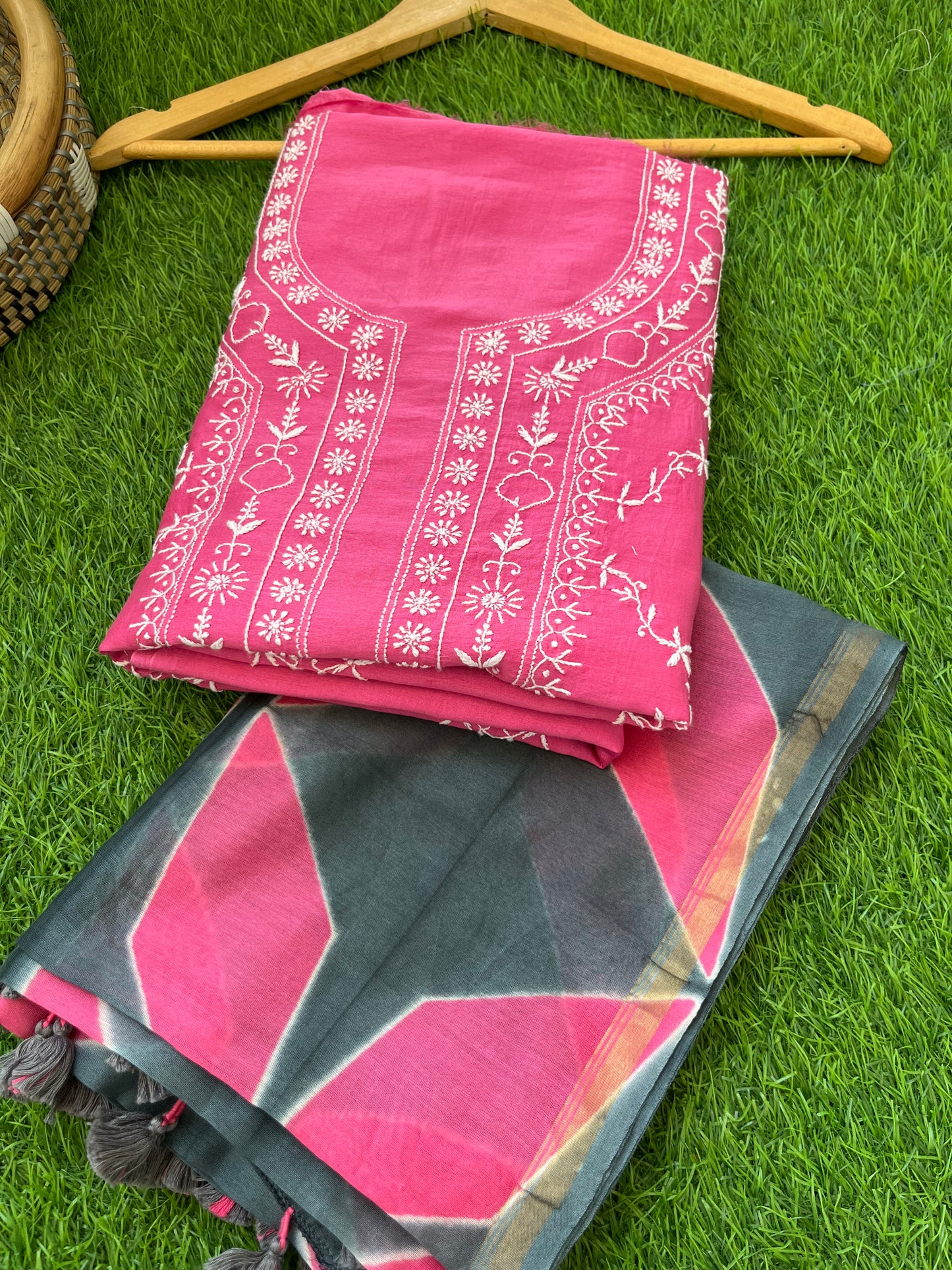 Chanderi Chikankari Kurta clamp dye Dupatta