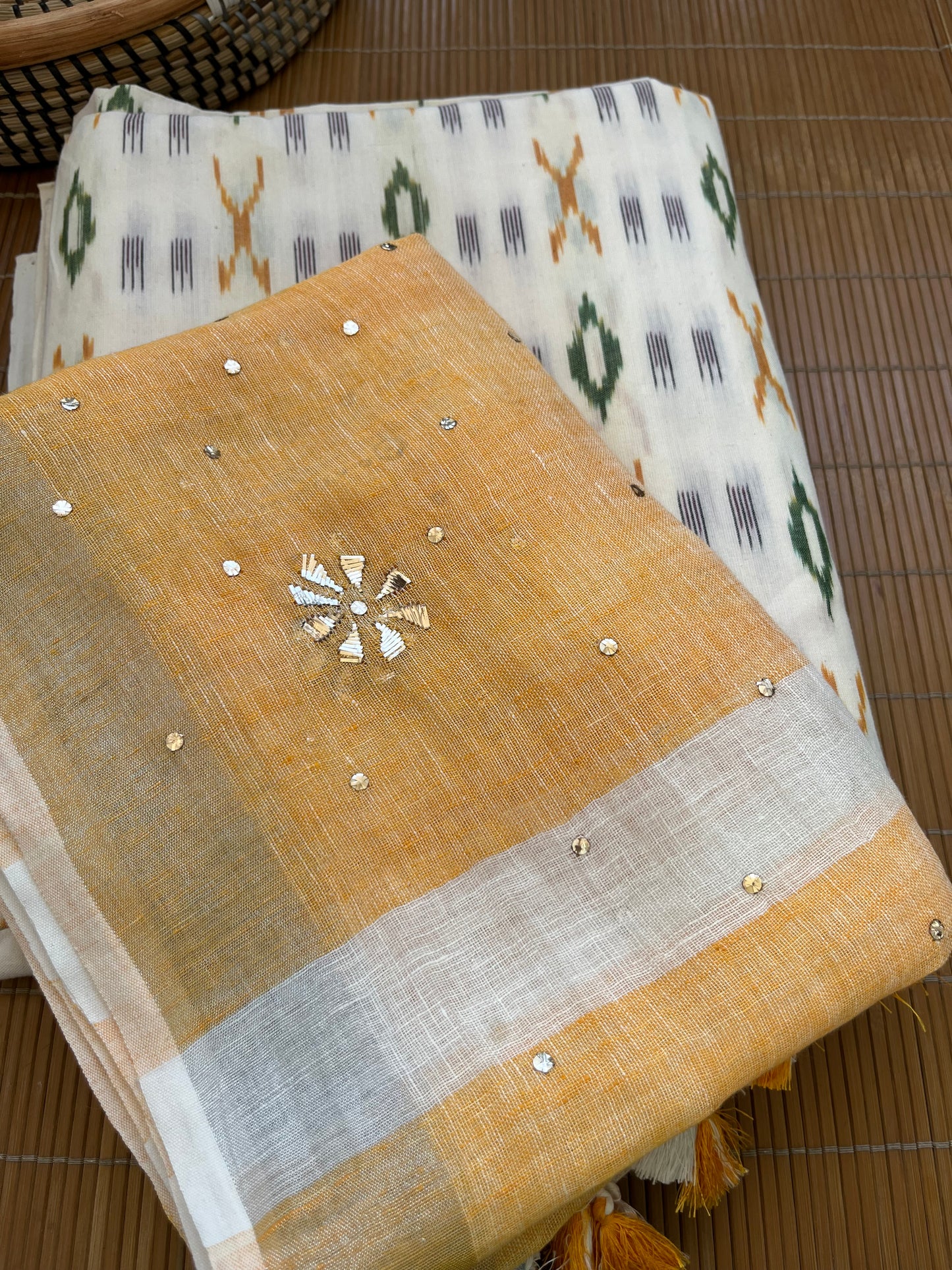 Mukaish linen dupatta cotton ikkat fabric