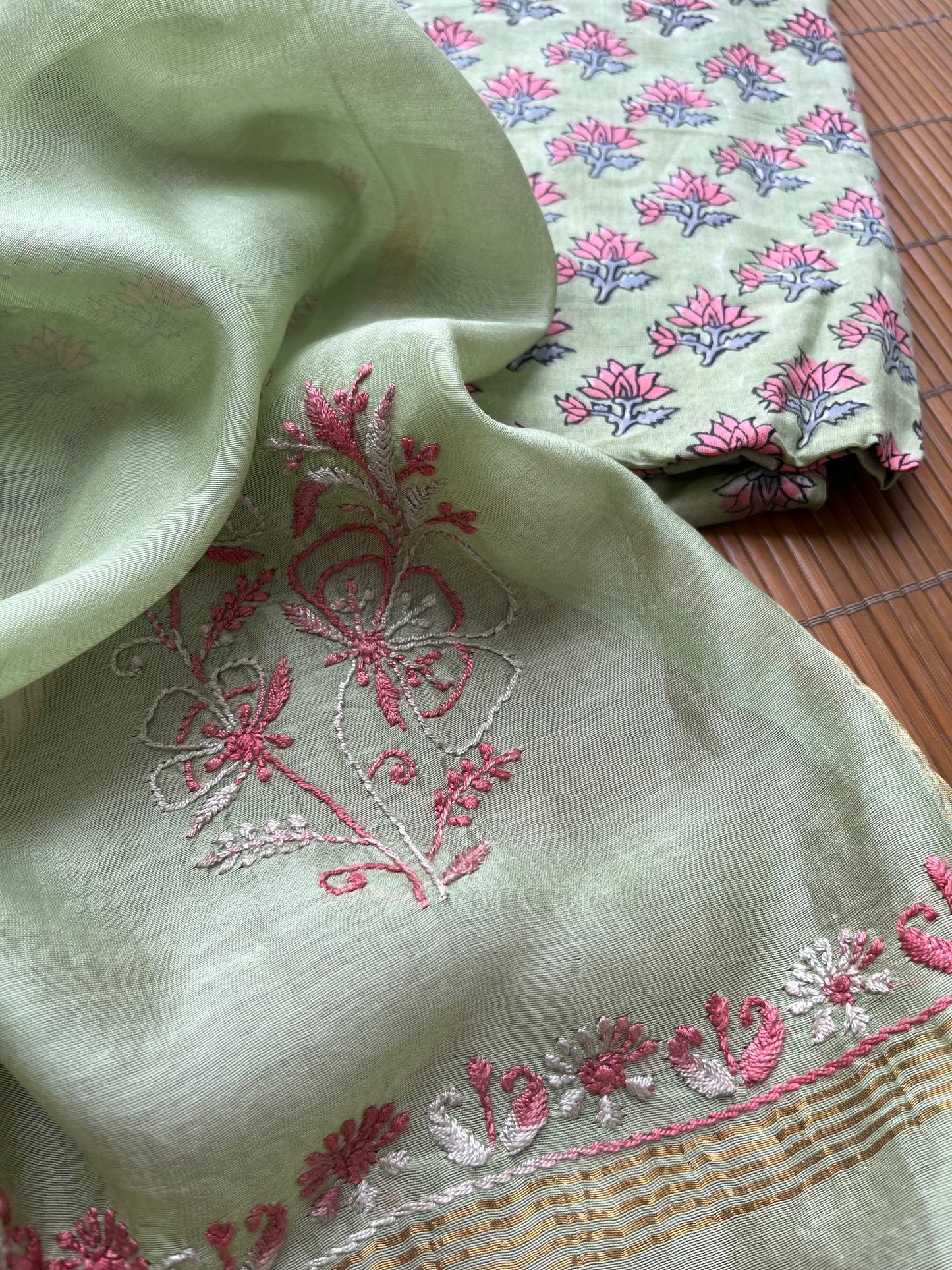 Block Print chikankari Dupatta