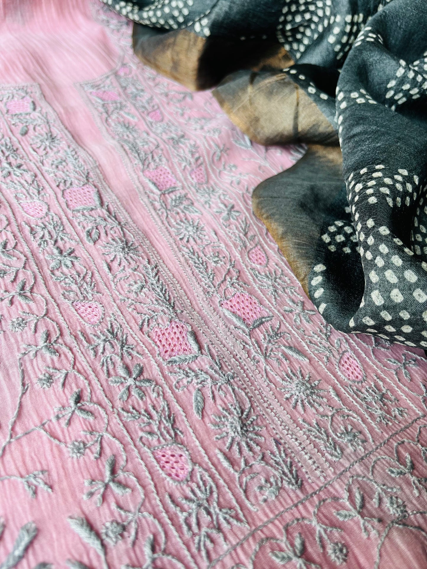 Bandhani Dupatta tussar Chikankari Kurta